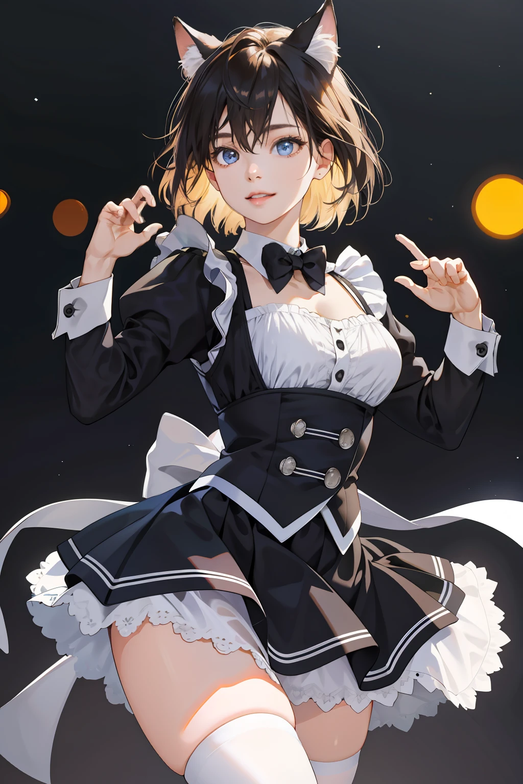 best qualtiy， tmasterpiece， 1girll， beauitful face， （photograph realistic：1.3）， edge lit， （highdetailskin：1.2）， 8K  UHD， digital SLR camera， high high quality， A high resolution， 4k， 8k， bokeh， absurderes， Optimal proportions of four fingers and one thumb， （realisticlying：1.3）， Cute 1girl， Wearing a maid outfit， mediuml breasts， short  skirt，Playful，Cute pose，Cat ears