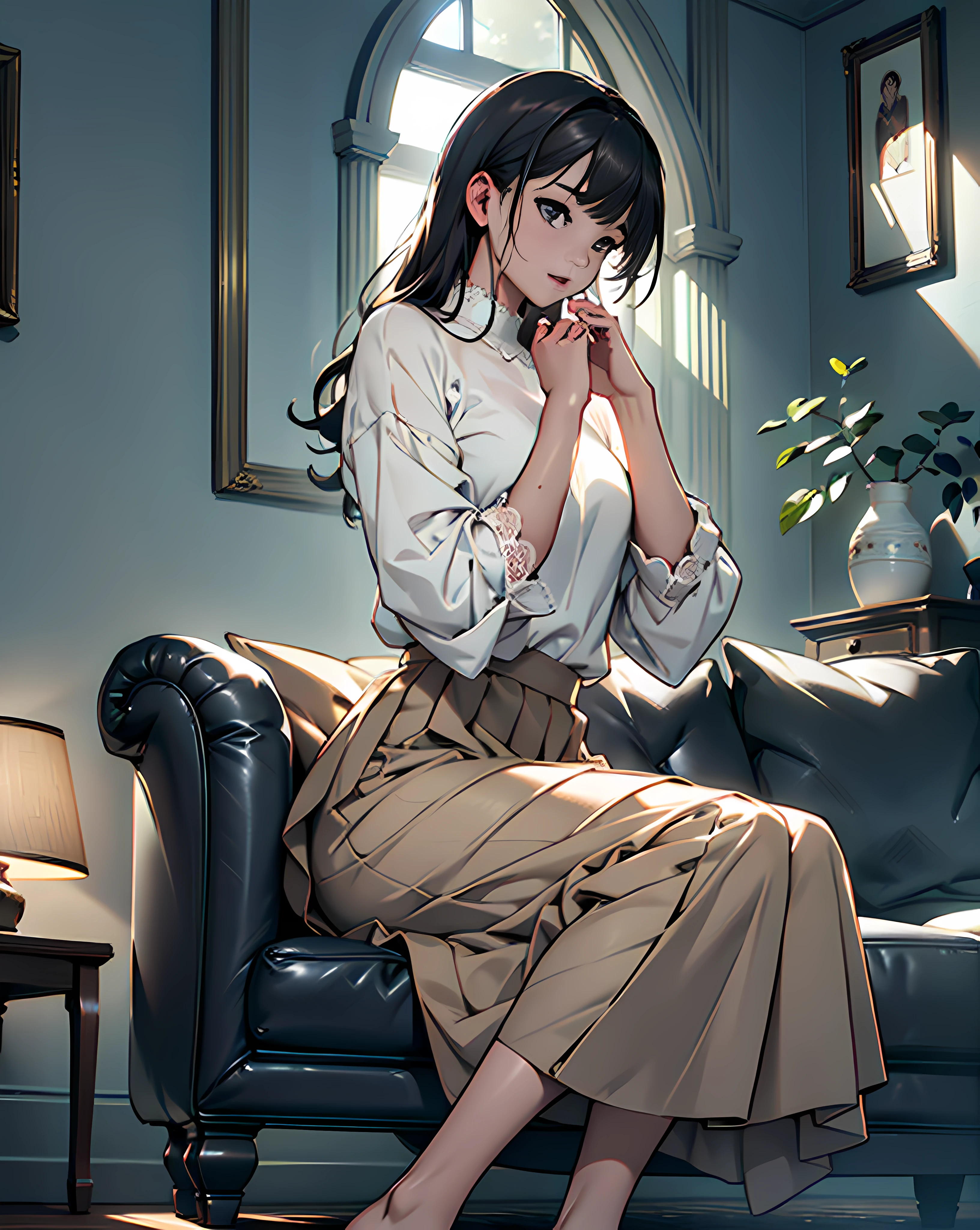 absurderes、hight resolution、ultra-detailliert)、(the Extremely Detailed CG Unity 8K Wallpapers、Beautifully Aesthetic:1.2)、(1girl in:1.3)、Lady、独奏、The upper part of the body、rcasual、It features a simple、Natural Fabric、Sit up、knit、white shirt、Brownish、If you have a photo、Hold in hand、Plain clothe、a room、sit on sofa、Mystical lighting、Ethereal Atmosphere、dressed casually, Sweaters, tortoise、closed clothes、natural soft light、darker shadows、Living Loo、Long skirt with lace、pulling the hands up、an legs