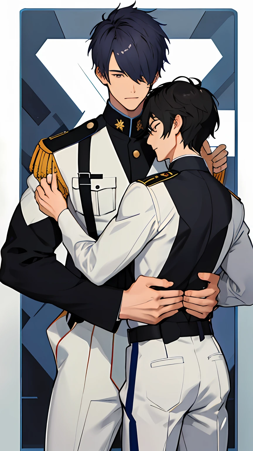 man18age、Handsome man in uniform with mash cut hairstyle、I have long eyes.。He was tall and、Hugging a woman from behind。His expression is provocative。