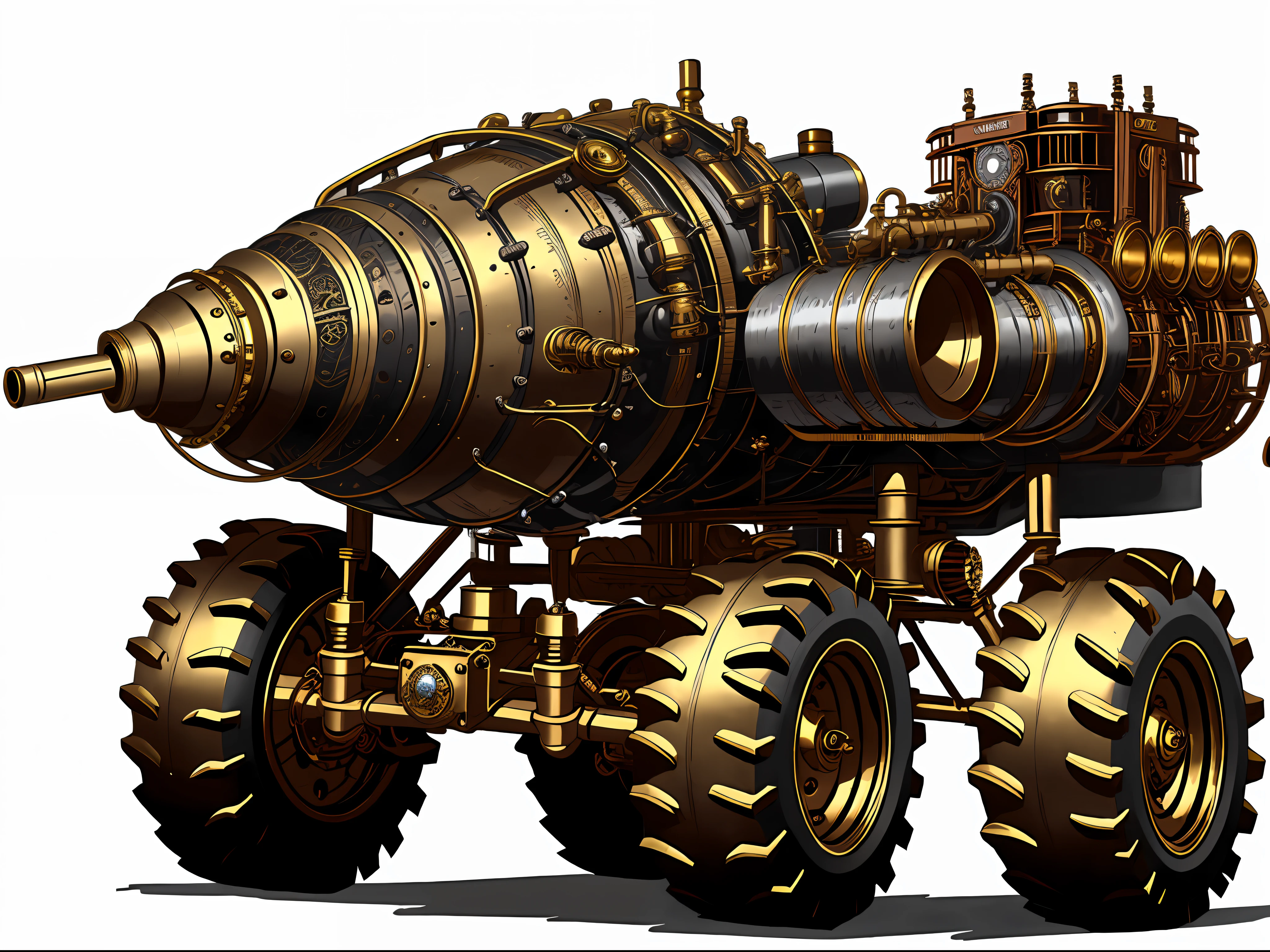 Steampunk monster trucks、from side view、brass、steel、Great photos of pipes、White background