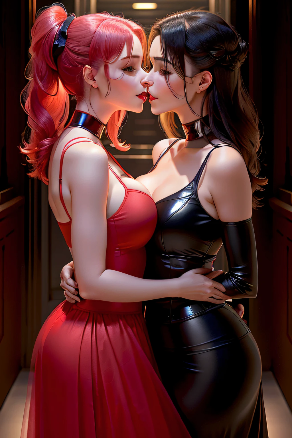 The girl in red，scutes，Clear eyes，long  skirt，Breast enlargement kisses，Look at each other，hugs，enthusiasm，Petting the，Tongue open mouth