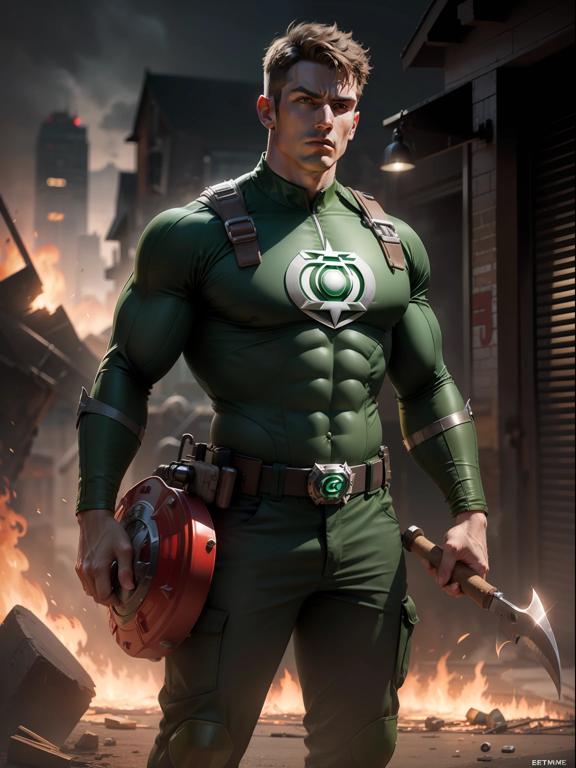 A Dramatic green lantern as firefighter wearing firefighter uniform and tools such as helmet or axe and jacket, cinematic, extreem realistic, extreem detailed, extreem Sharp, full body shot