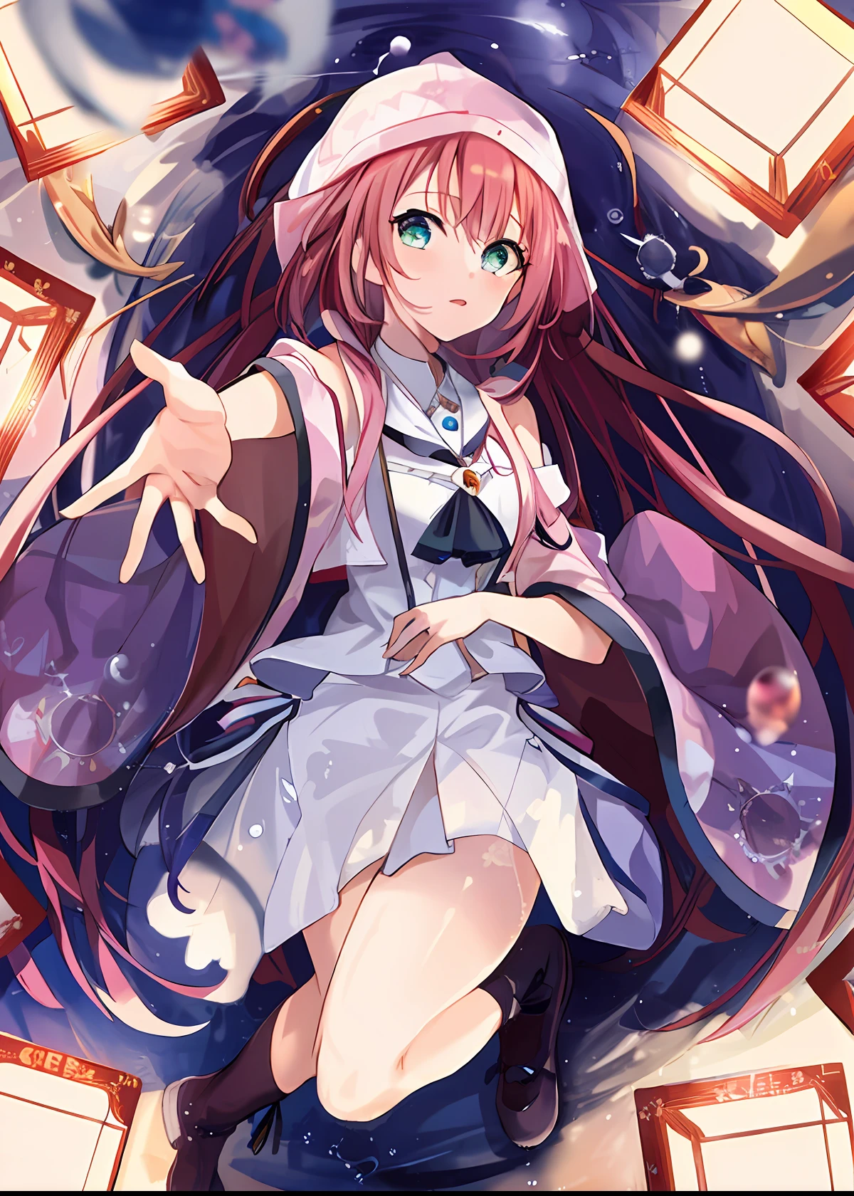 A woman with long hair and a hat lies in the water, An anime cover, , , light novel cover art, anime visual of a cute girl, nightcore, Marin Kitagawa fanart, Official artwork, alchemist girl, macross delta splash art, ethereal anime,big breasts beautiful,Beautiful background