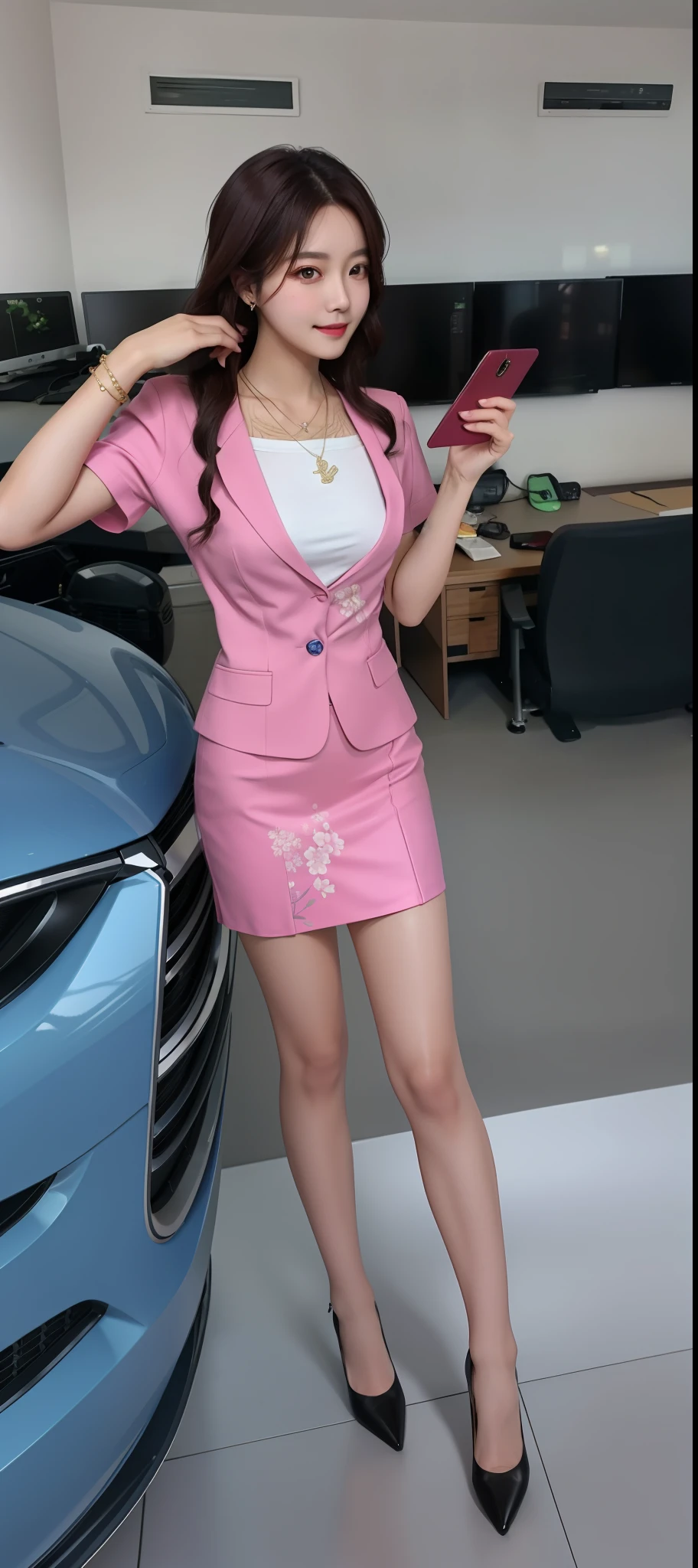 Full body photo of a beautiful sexy woman in a very short skirt and sewn stockings,stands_straight,((独奏)),AS-Adult,At the office,high-heels,Craving sexual,strokes_herself,(best qualtiy,A high resolution,tmasterpiece:1.3),A tall and beautiful woman,Dark brown hair in loose wavy styling,nedium breasts,Wear a pendant,Beautifully rendered details in face and skin textures,Detailed eyes,二重まぶた