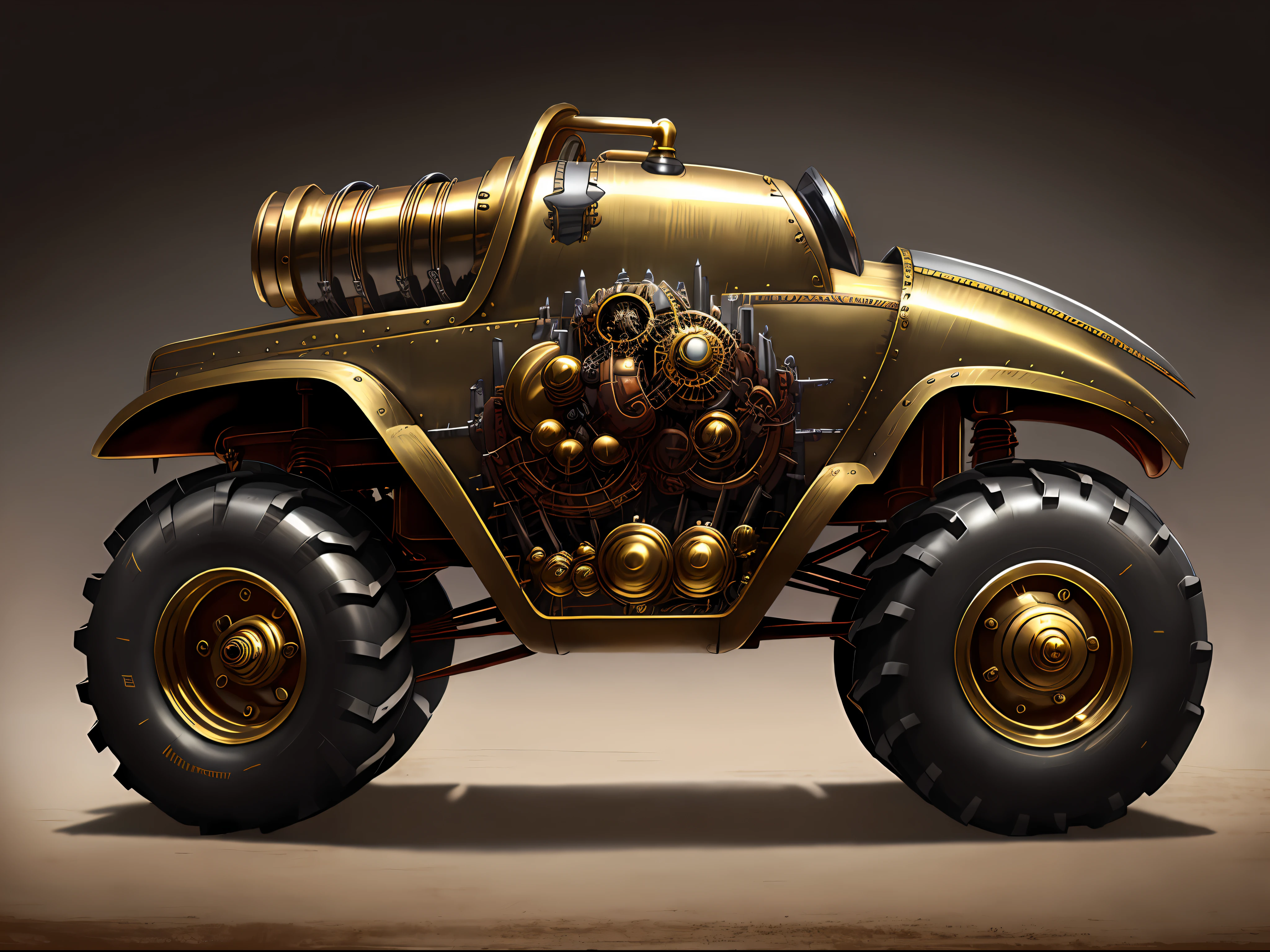 Steampunk monster trucks、from side view、brass、steel、Great photos of pipes、White background