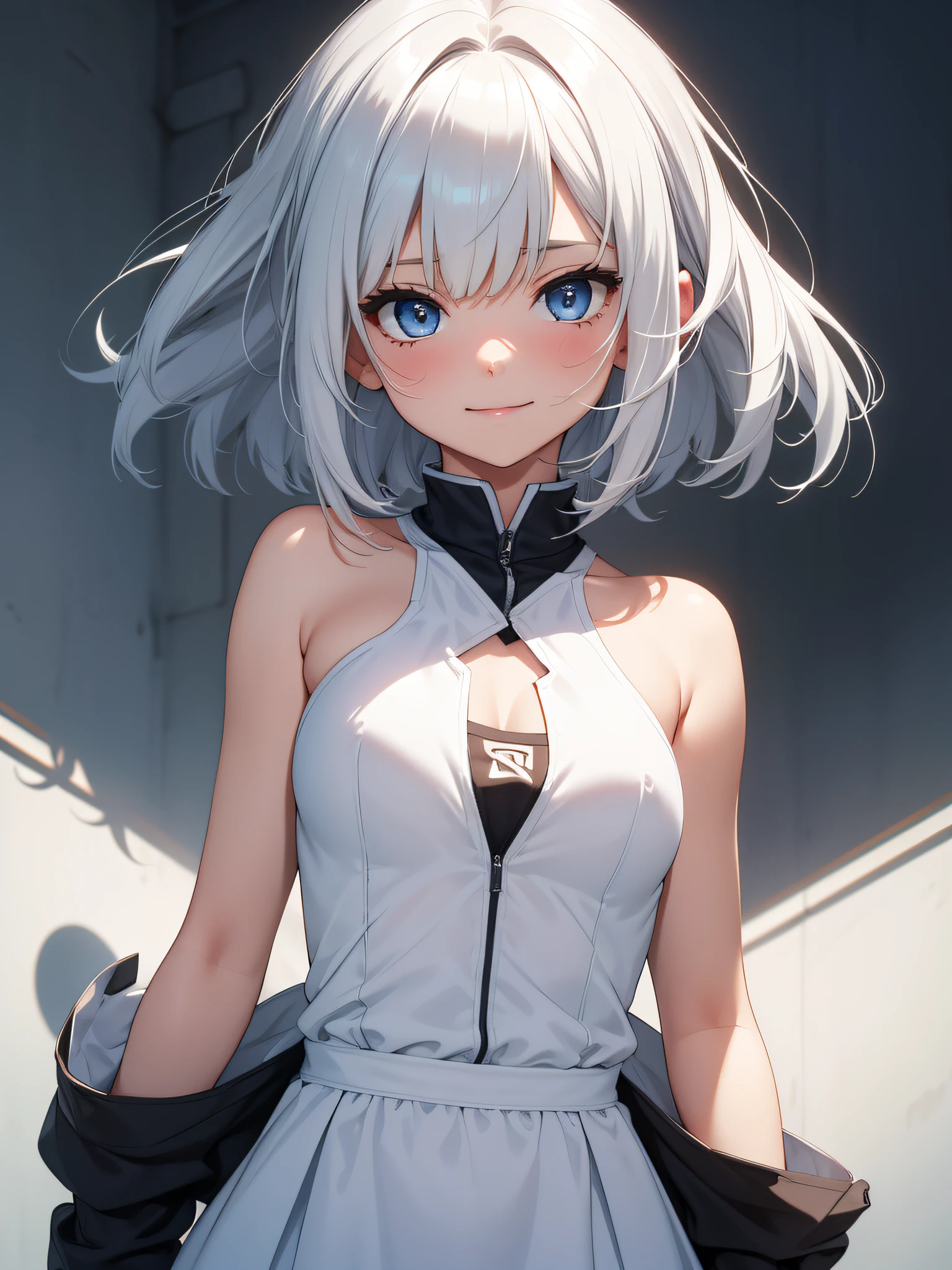 Top quality ultra-detailed CG art、Upper body naked、football player：１.２）、White Bite Color、Glossy hair、smooth hair、large blue eyes,Mid summer、Delicate body、breasts are small、Medium Hair、short in stature、It features a simple、ssmile、short in stature、cheerful girl、Tying hair、、bob cuts、vertical stripes、