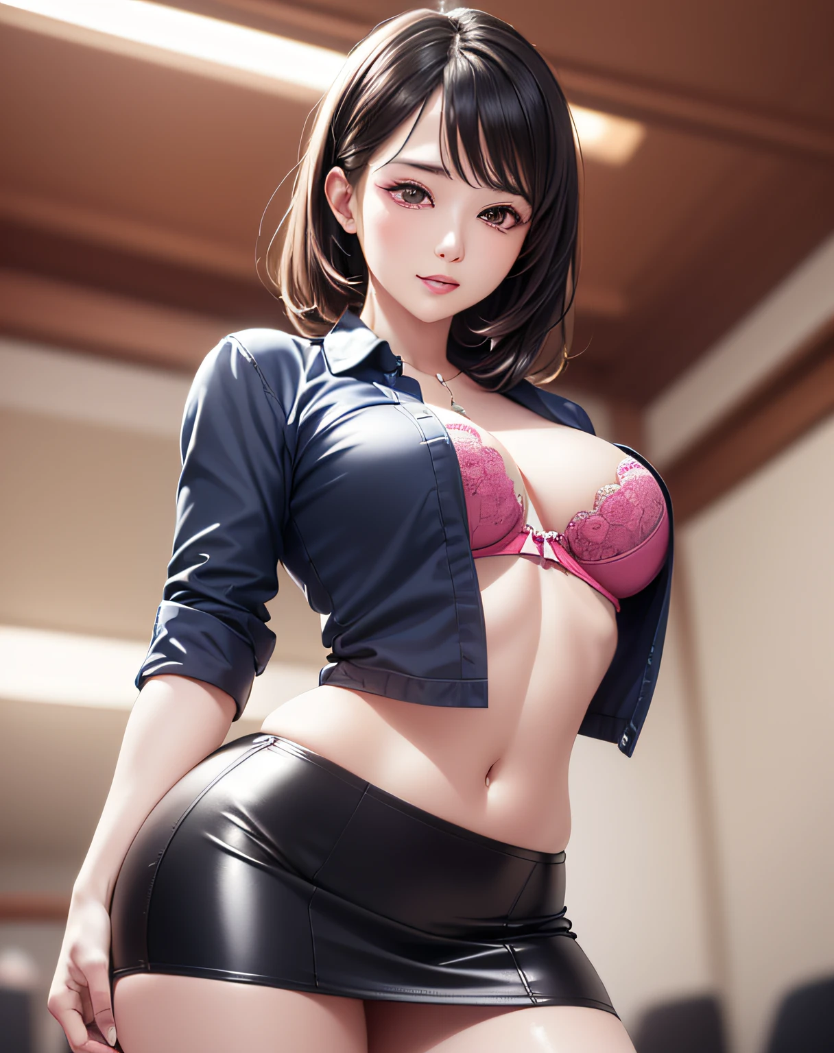 photo realistic, anime style, (8k, RAW photo, best quality, masterpiece:1.2), High detail RAW color photo, professional photograph, cowboy shot, (realistic, photo realistic:1.37),cinematic light, (finery detailed face:1.2), cowboy shot, thigh 1 girl in bath, 28-38 years old, very cute, very beautiful, photo realistic, event companion, BREAK, white oily skin, real human skin, (detailed face), oval face, pores, round eyes:1.0, ultra high res, BREAK, slim, (medium-large-breast:1.37, cleavage:1.37), (looking straight at viewer with a serene and goddess-like happiness:1.2), (lifter gloss, eyelashes, gloss-face, best quality, ultra highres, Broad lighting, natural shading), (beautiful thin short hair, wavy pony-tail hair style:1.5, shiny-black hair:1.5), BREAK, (esthetician uniform:1.3, blue satin shirt;1.3, open shirt:1.3, magenta-lace-bra:1.3, red knee-length satin-pencil-skirt:1.3), BREAK, ((show case:1.5, standing in the ring:1.5, The audience seats are drawn in the background:1.5)), ((from below:1.3, standing in the ring, leaning forward)), blurry background, bokeh, depth of field, cowboy shot:1.3, centered image,
