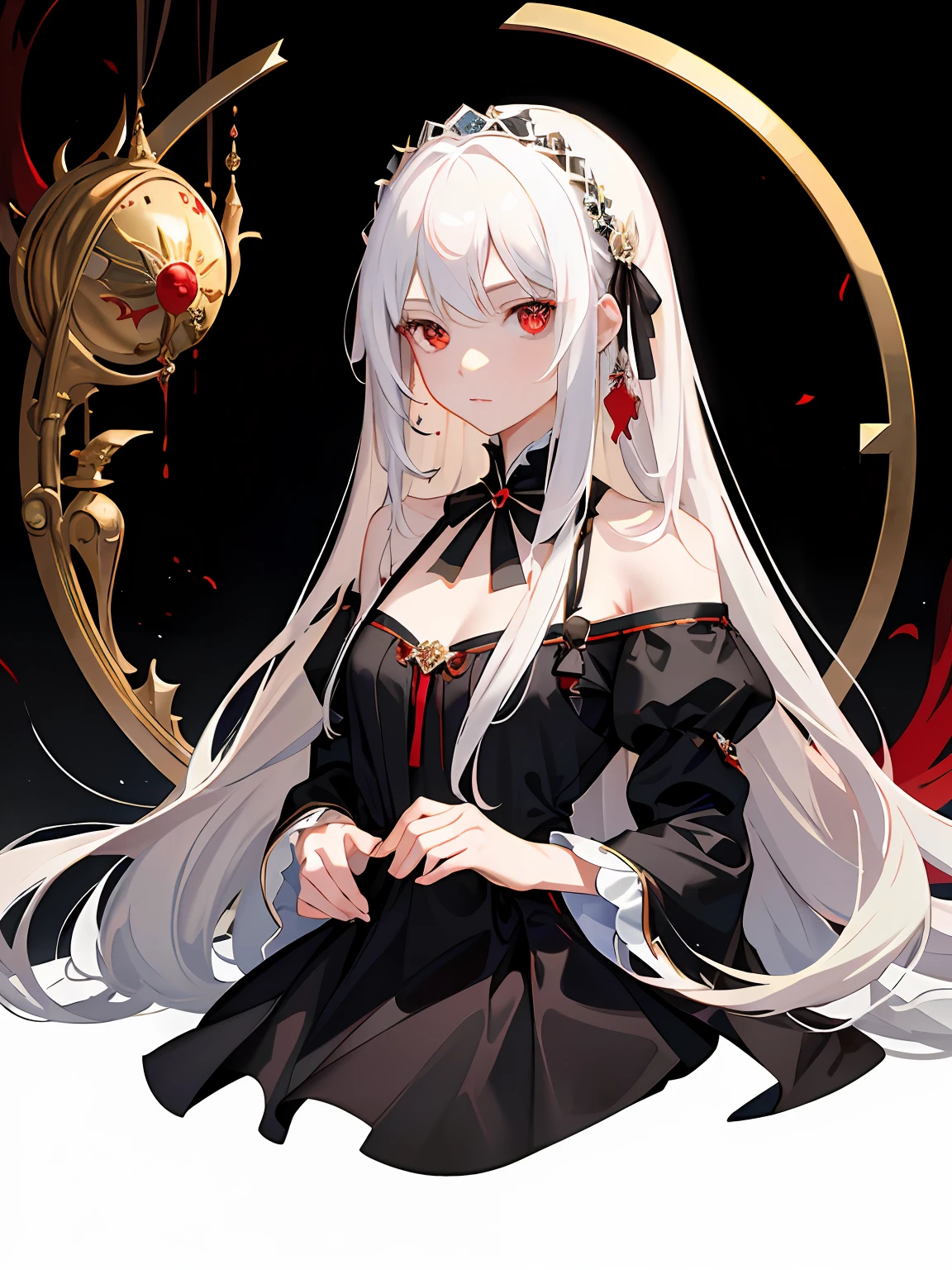 ((masterpiece, best quality)), beautiful and delicate eyes, delicate face, 1girl, long white hair, red eyes, small breasts, looking at the audience, blood on the face, (black background: 1.2), bloody particles, full body,