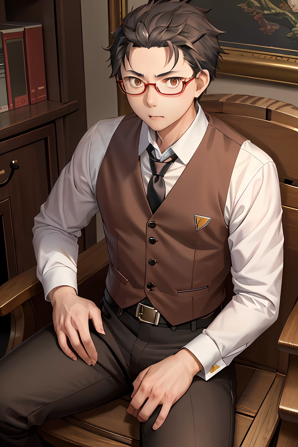 (1 Adult male),A high resolution, Sharp focus, Pixiv masterpiece, ((Complicated details)), highly detailed, natsuki_subaru, 1 man, with her mouth open,full bodyesbian,sit astride, Red eyes(glowing light eyes), with short white hair,white shirt,Wear a tie,Wear a belt,perspire,look from down
