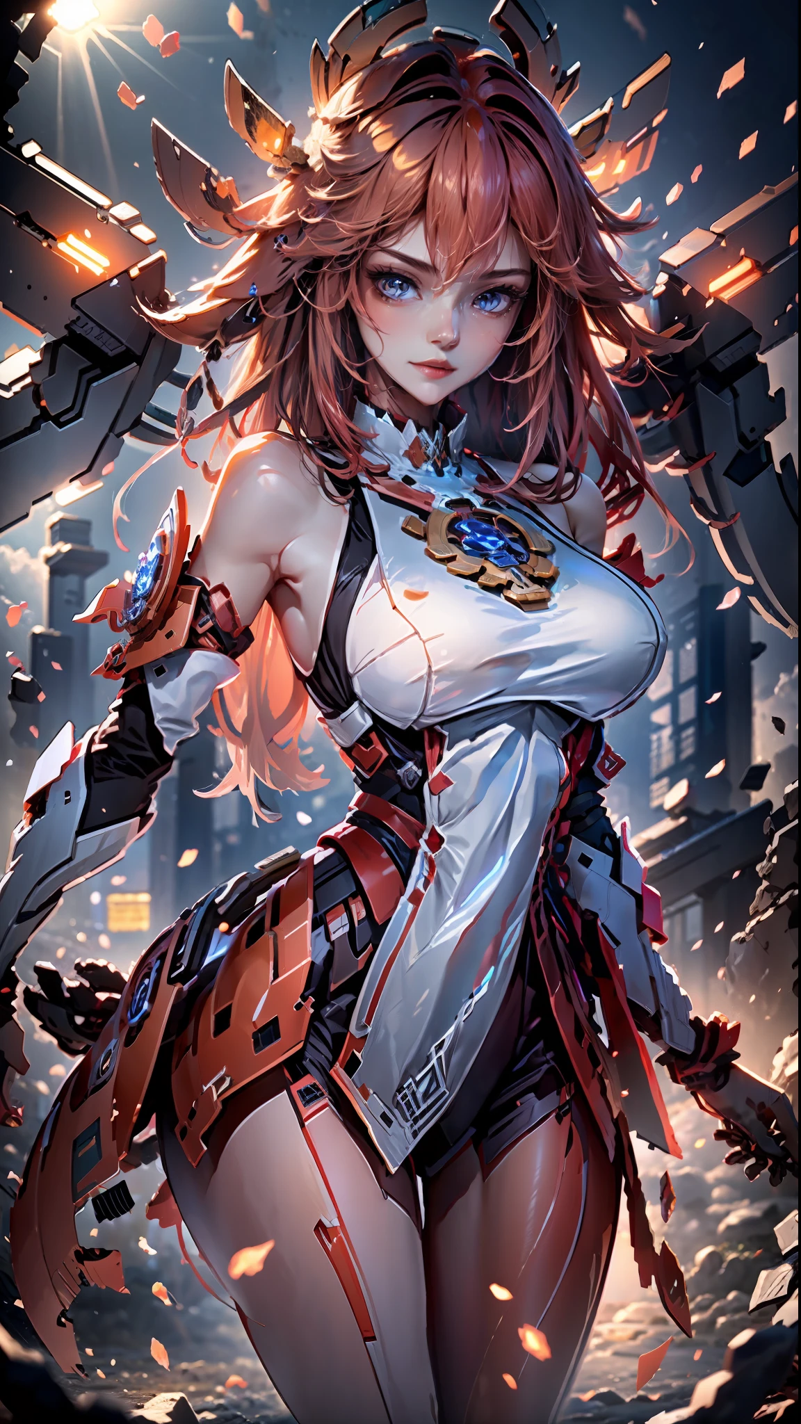 ((Best quality)), ((masterpiece)), (highly detailed:1.3), 3D,Shitu-mecha, beautiful cyberpunk women with her mecha in the ruins of city from a forgoten war, ancient technology,HDR (High Dynamic Range),Ray Tracing,NVIDIA RTX,Super-Resolution,Unreal 5,Subsurface scattering,PBR Texturing,Post-processing,Anisotropic Filtering,Depth-of-field,Maximum clarity and sharpness,Multi-layered textures,Albedo and Specular maps,Surface shading,Accurate simulation of light-material interaction,Perfect proportions,Octane Render,Two-tone lighting,Low ISO,White balance,Rule of thirds,Wide aperature,8K RAW,Efficient Sub-Pixel,sub-pixel convolution,luminescent particles,light scattering,Tyndall effect
