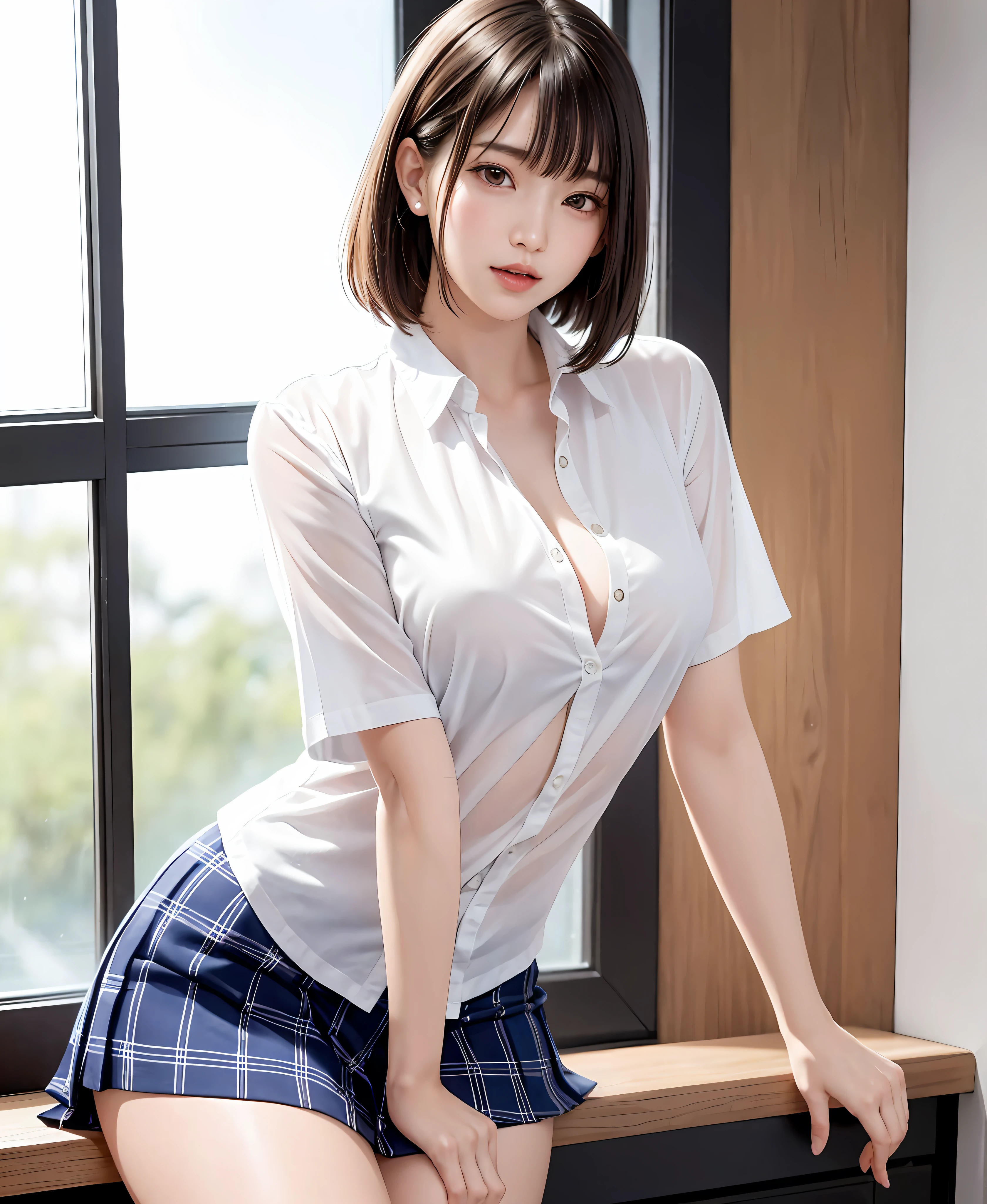 (masterpiece、top-quality:1.2、high-detail), Surreal High School Girl, 独奏, 1girl in, Yukinoshita Yukino, (shinny skin、wetted skin:1.2), Wearing sweat, I'm smiling really happily, Watch your audience carefully, all-fours, 校服, white shirt, plaid skirts, thighs thighs thighs thighs, PM, Classroom Surreal High School Girl、Very tall woman、short hair with clean bangs of 46 points,,、the neck is long、Put your ears out、Arms out、mideum breasts、Distinct double eyelids、big eye、The beauty of the golden ratio、Perfect Anatomy、Perfect and detailed body、Smile really happily with your mouth closed