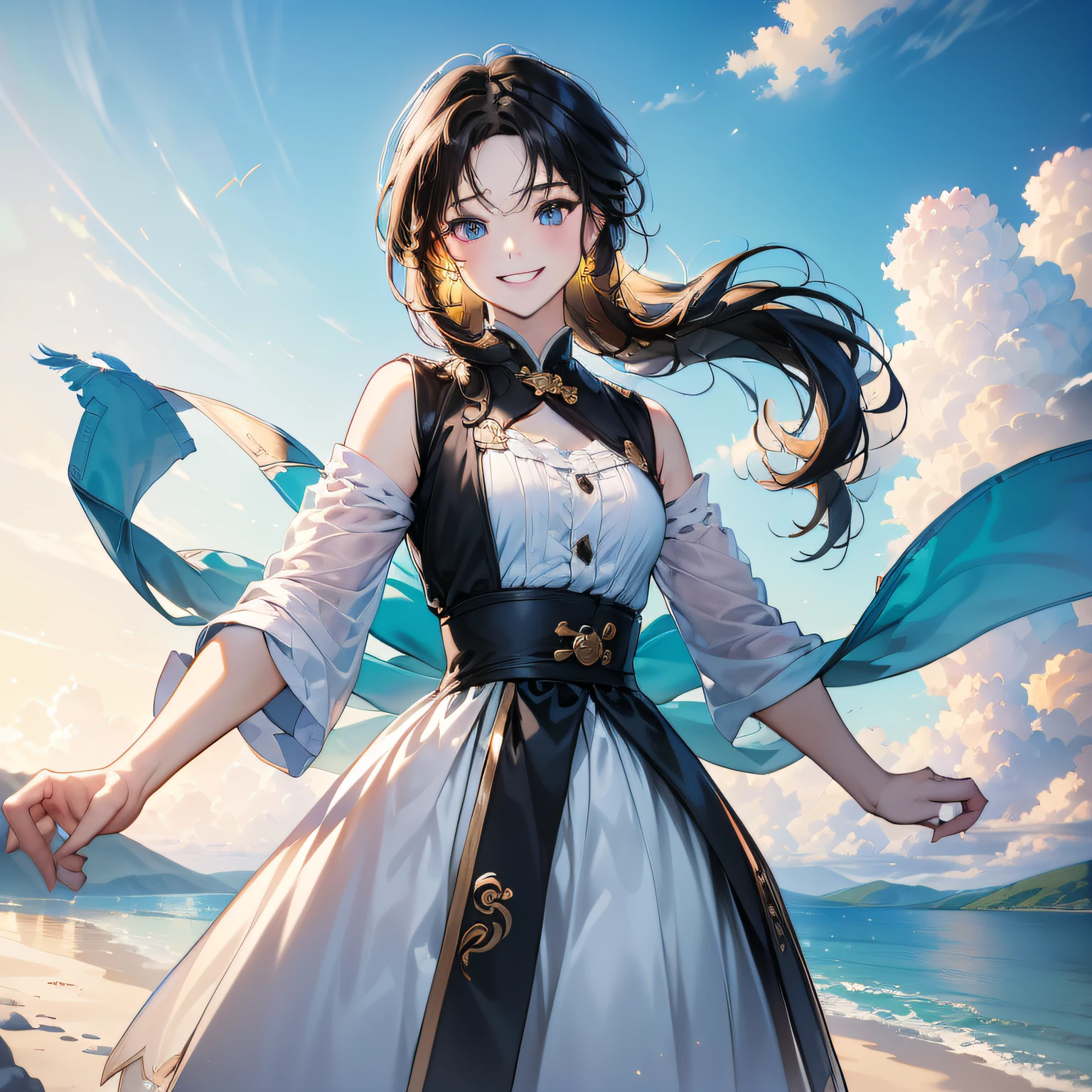 (in 8K、top-quality、masterpiece:1.2)、1人の女性、(Smiling smile:1.1)、beautidful eyes、Valley、The upper part of the body、length hair、Like a boy、poneyTail、Yellow view、