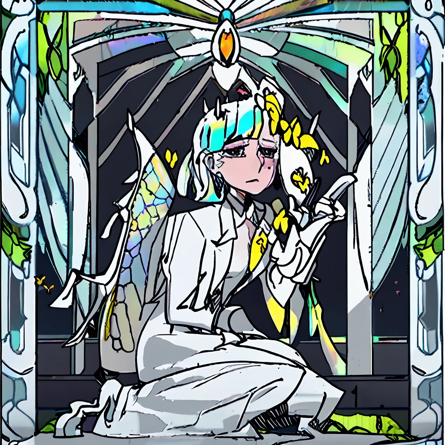 There is a butterfly sitting on the ground, Butterfly, hairs fluttering on the wing, spreading wings, Translucent wings, beautiful opened wings, On the sidewalk, with beautiful wings, Black and green, she has iridescent membranes, iridescent wings, stained glass wings, on sidewalk, on a landing pad, harmony of butterfly
