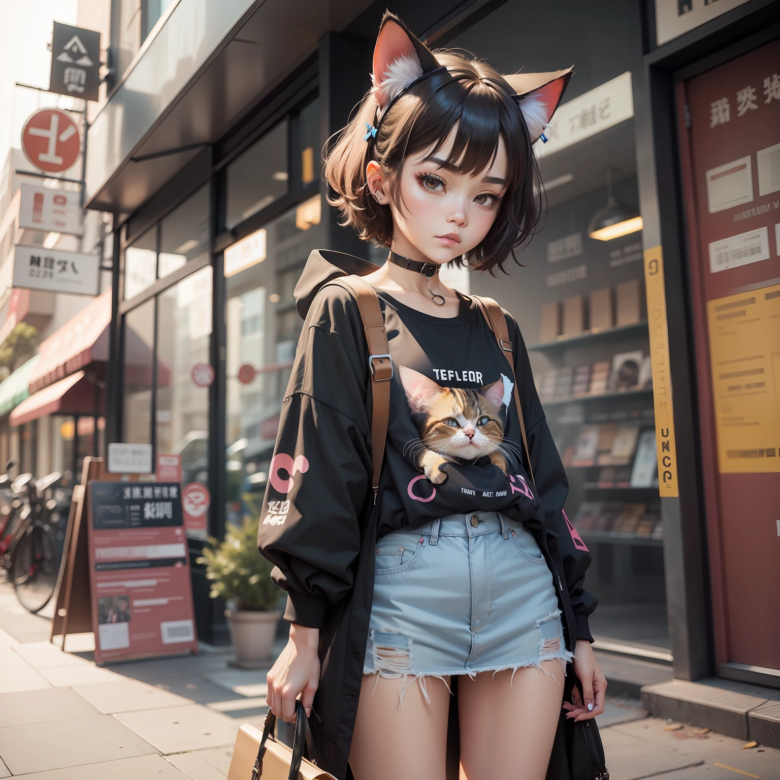 Urban modern clothing,Characters with cute cat ears,Vivid and vivid。