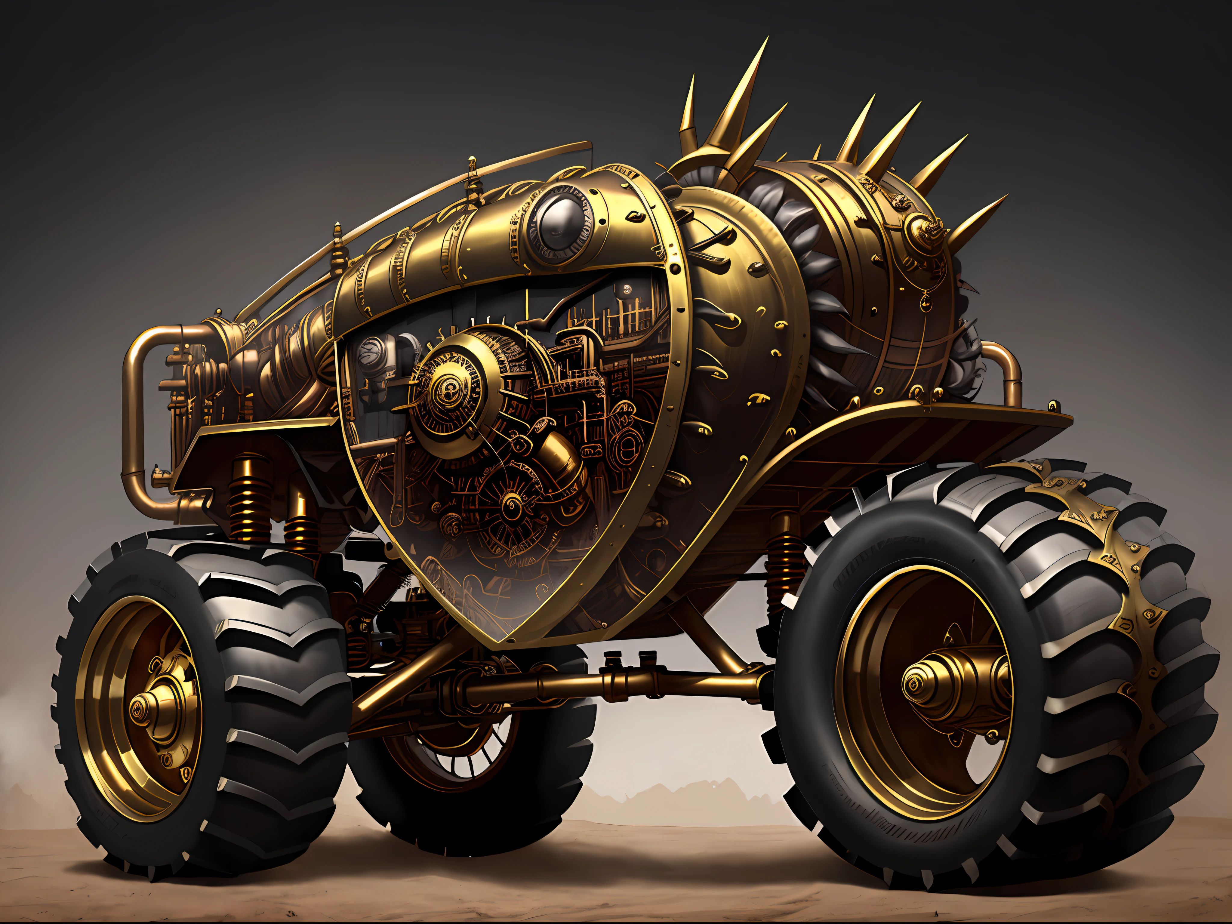 Steampunk monster trucks、from side view、brass、steel、Great photos of pipes、White background