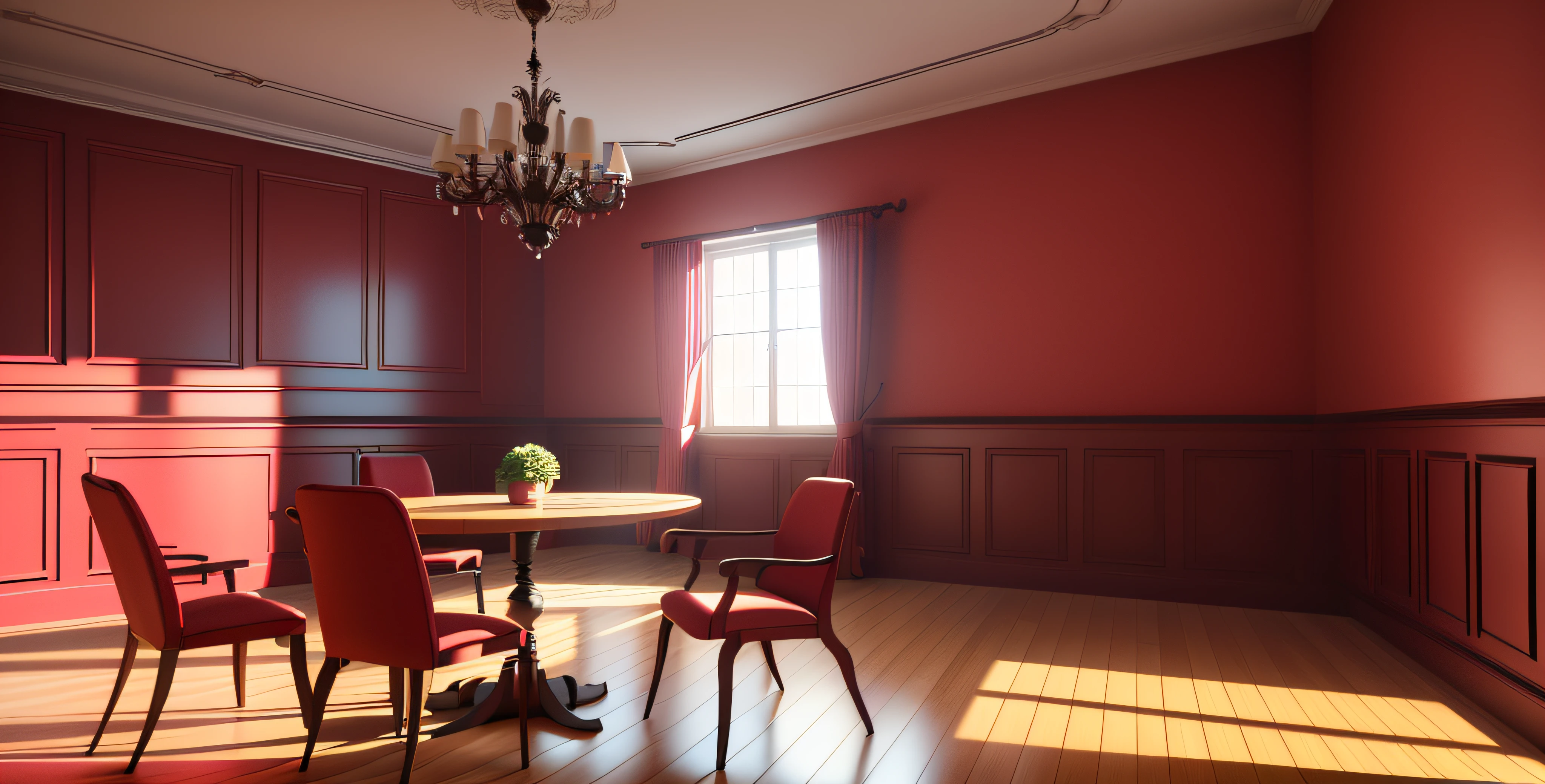 there is a room with a table and chairs in it, volumetric lighting. red, rendered lighting, in style of 3d render, rendered in pov - ray, raytraced render, raytraced lighting, rendered in 3 dsmax, render in vray, vray rendered, 3d finalrender, 3 d finalrender, rendered in povray