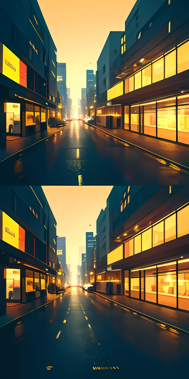 Streets stretching on both sides, Orange-yellow lights, A lot of black, high detail, modern, modern, chiaroscuro, cinematic lighting, first-person view, viewfinder, UHD, ccurate, high details