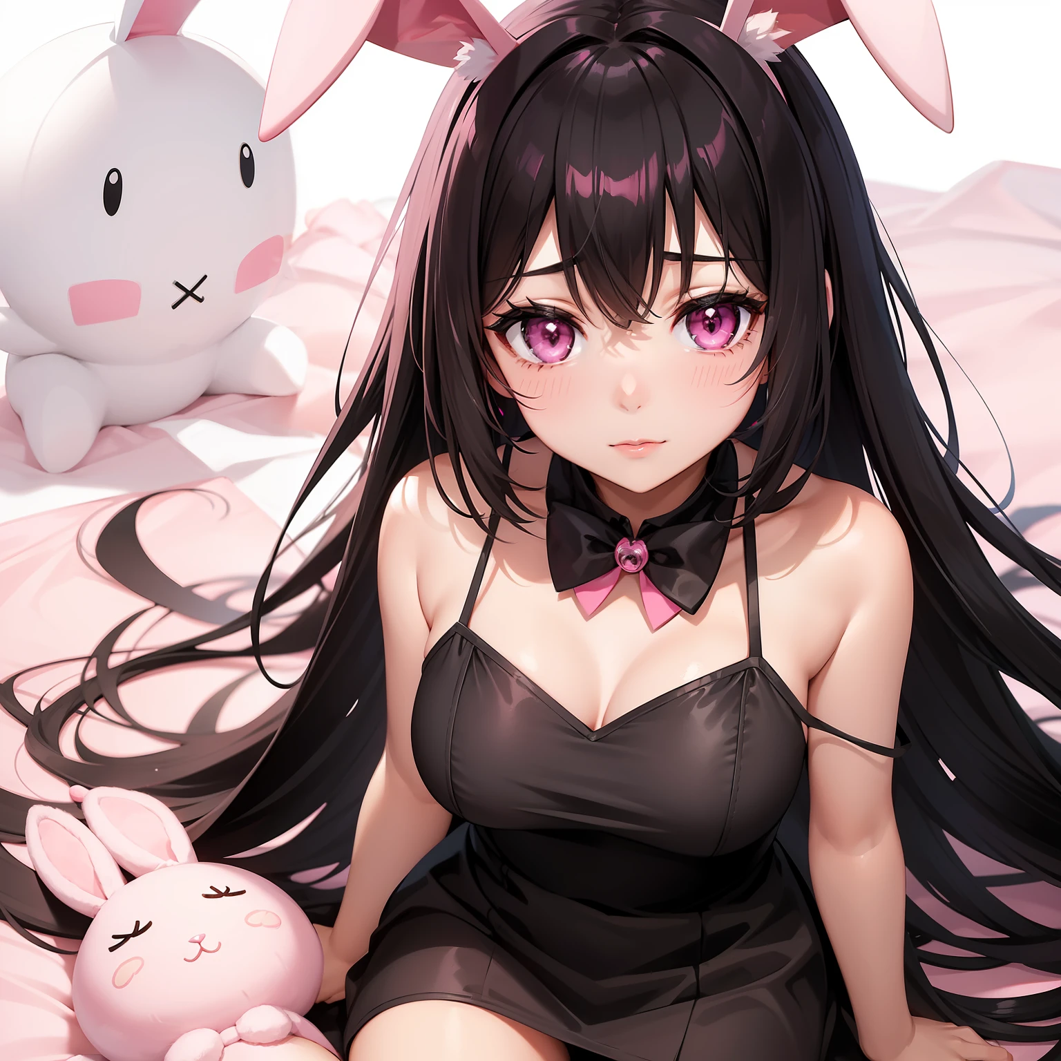 a women, pink bunny ears, black hair, pink eyes, pink dress