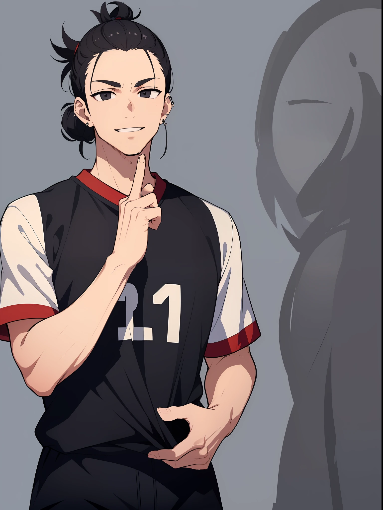 (masterpiece), (best quality), (super detail) expressive eyes, perfect face, (1man), man, lazy eye, smile, normal skin, ((wearing volleyball jersey)), black eyes, Triple Lobe Piercing, man bun black hair, raising forefinger, (medium shot body), without background