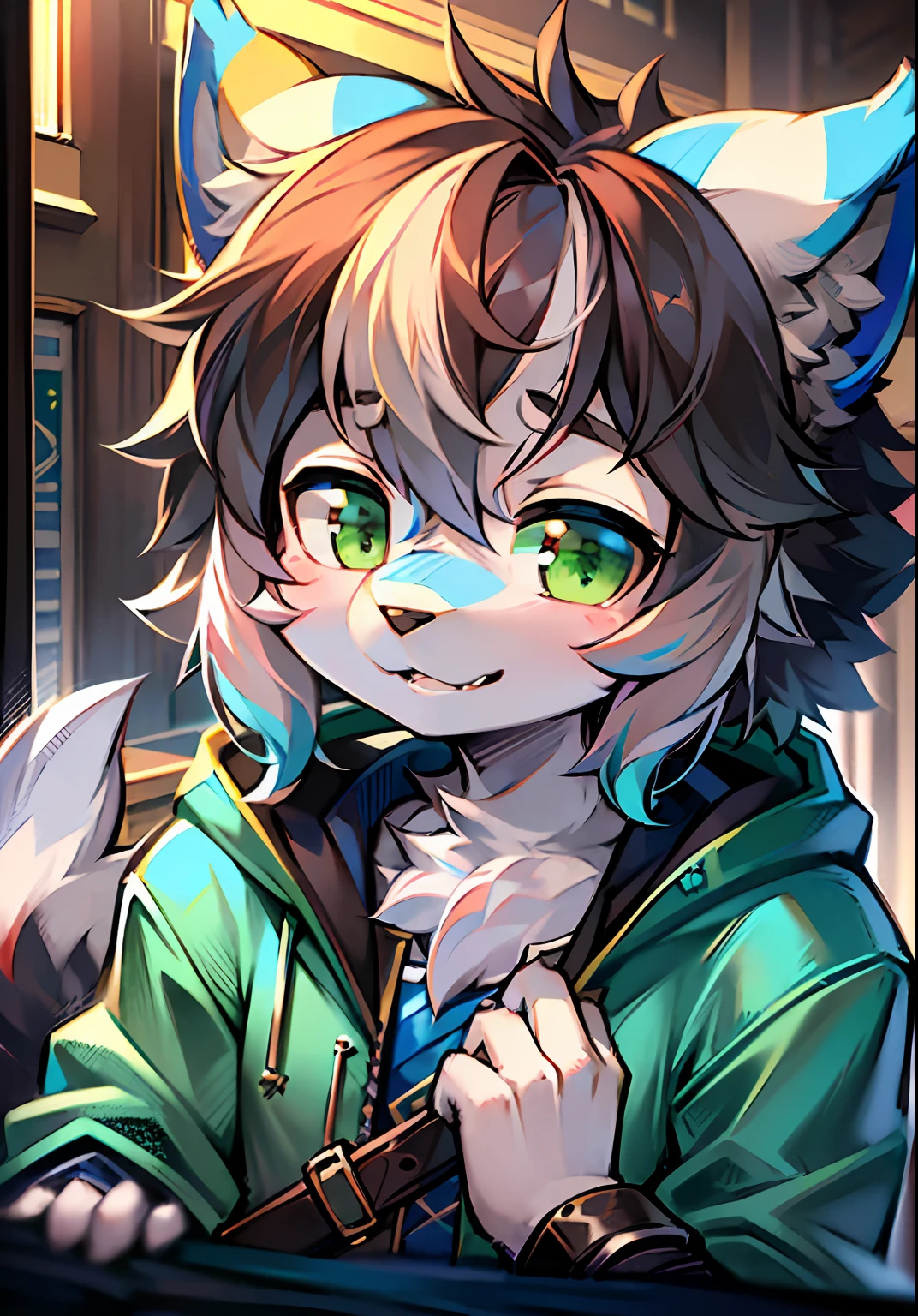 eyes with brightness,Bust photo of the character,Q version，头像框， Character focus，独奏, shaggy, Furry male wolf, Blue-white fur for men, Green eyes, Black and white hair(The long）Loli style，Little cute， Will sell moe，Wear blue clothes and pants，There is a tail