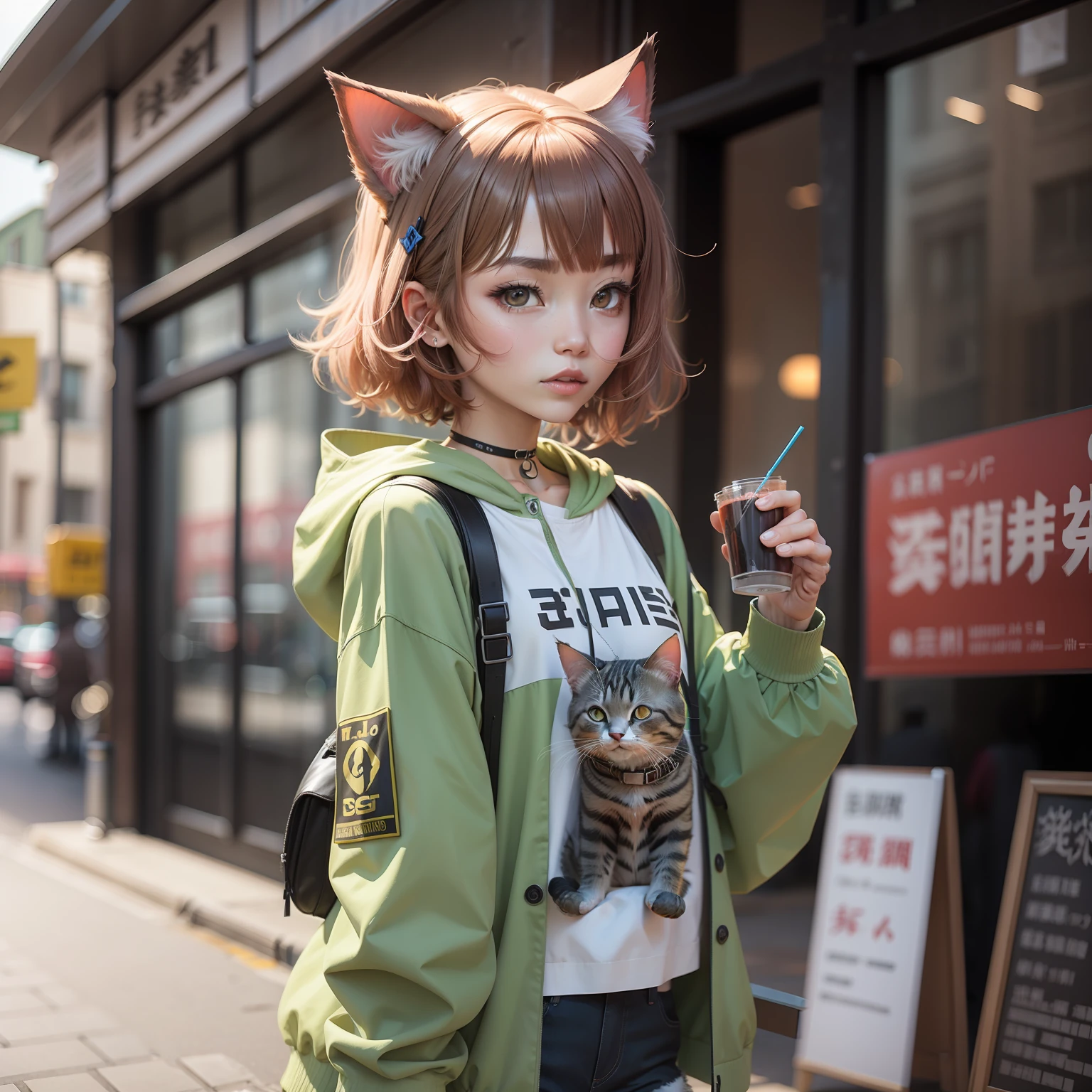 Urban modern clothing,Characters with cute cat ears,Vivid and vivid。