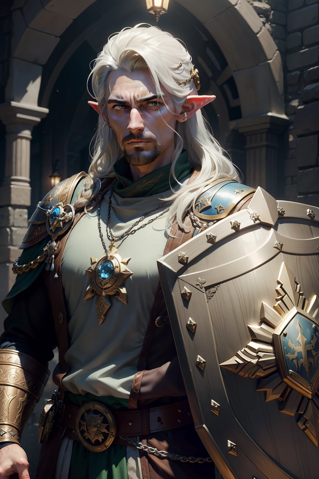 Bust,A man with an elven appearance,Hold a warhammer in one hand and raise a shield in the other,The shield has a richly detailed coat of arms,Magic light and shadow effects,hand painted style,Detailed metal chain mail,Around the neck hangs a badge with details,The background is devout believers in prayer,The Holy Light shines overhead,Rich facial details of characters,A masterpiece of the highest quality