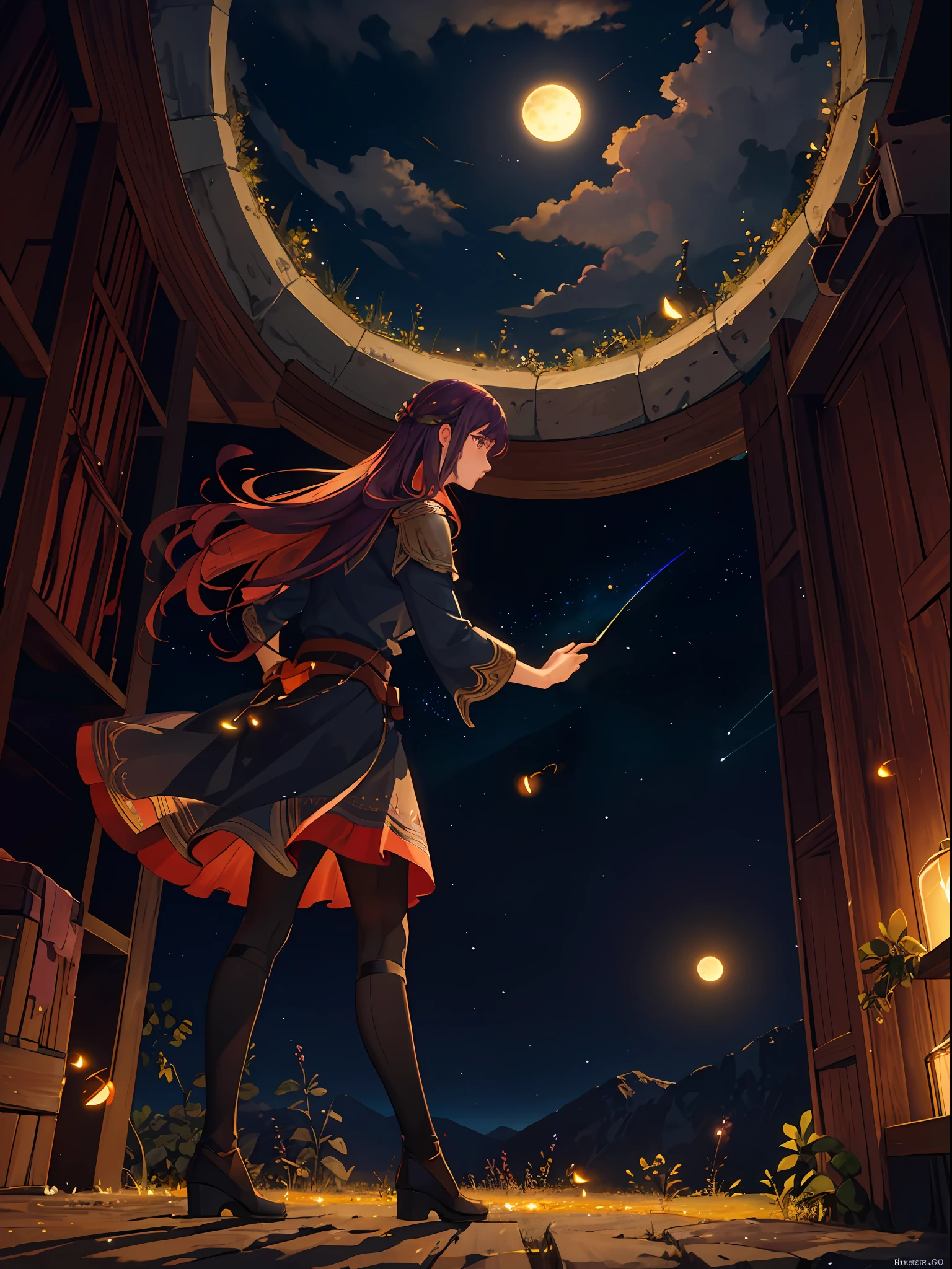 Vast landscape photo, (viewed from below, the sky is above and the open field is below), a girl standing on a flower field looking up, (full moon: 1.2), (meteor: 0.9), (nebula: 1.3), distant mountains , Trees BREAK Crafting Art, (Warm Light: 1.2), (Fireflies: 1.2), Lights, Lots of Purple and Orange, Intricate Details, Volumetric Lighting, Realism BREAK (Masterpiece: 1.2), (Best Quality), 4k, Ultra-Detailed, (Dynamic Composition: 1.4), Very Detailed, Colorful Details, (Rainbow Colors: 1.2), (Glow Lighting, Atmospheric Lighting), Dreamy, Magical, (Solo: 1.2)