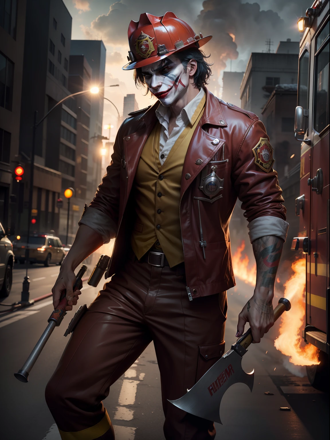 A Dramatic joker as firefighter wearing firefighter uniform and tools such as helmet or axe and jacket, cinematic, extreem realistic, extreem detailed, extreem Sharp, full body shot