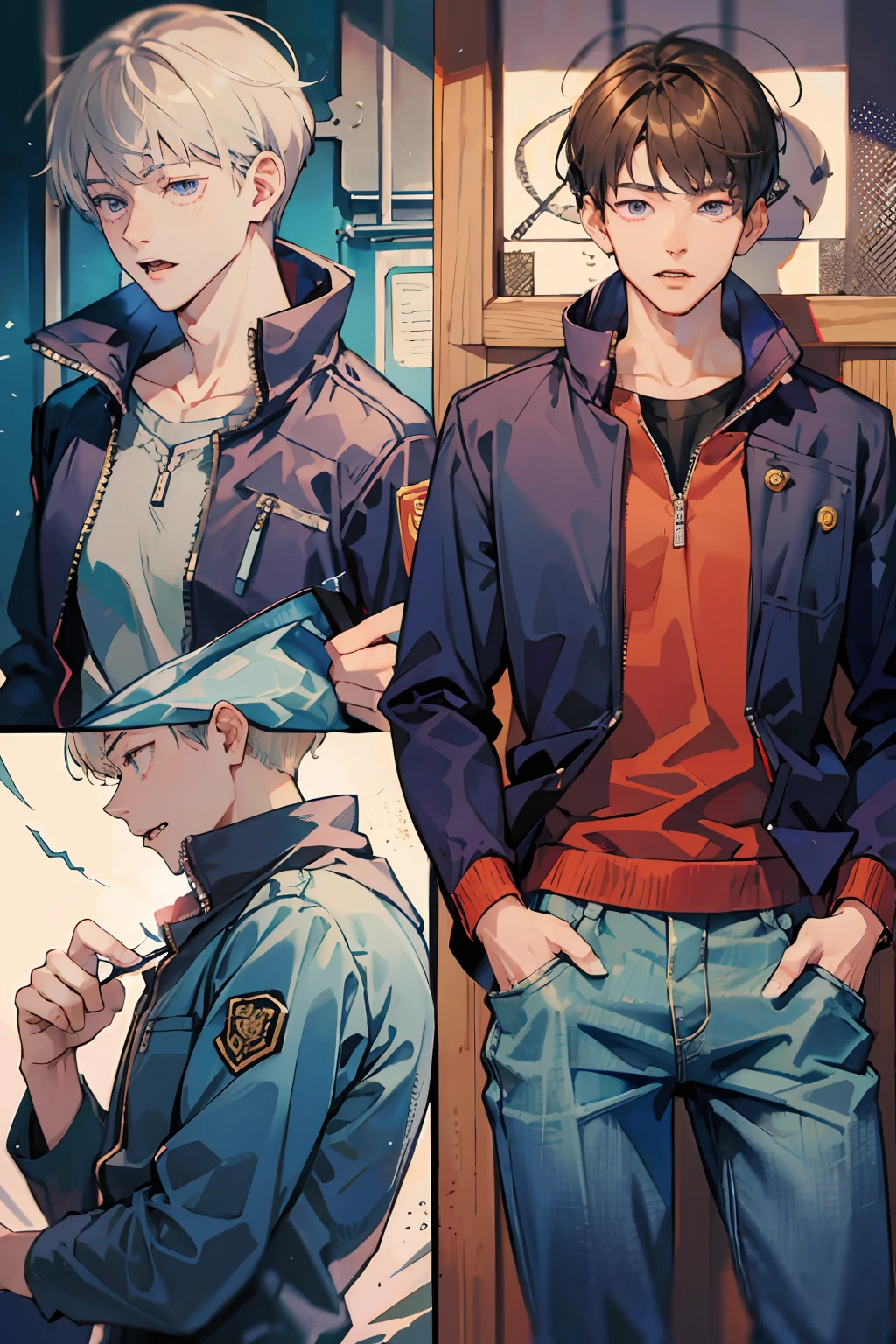 (hoang lap,A high resolution,ultra - detailed,HDR),tmasterpiece,best qualtiy,1boy,独奏,handsome,short detailed hair,Inumaki Toge,whaite hair,blue jacket,denim pant,Keep one's mouth shut,pickpocket