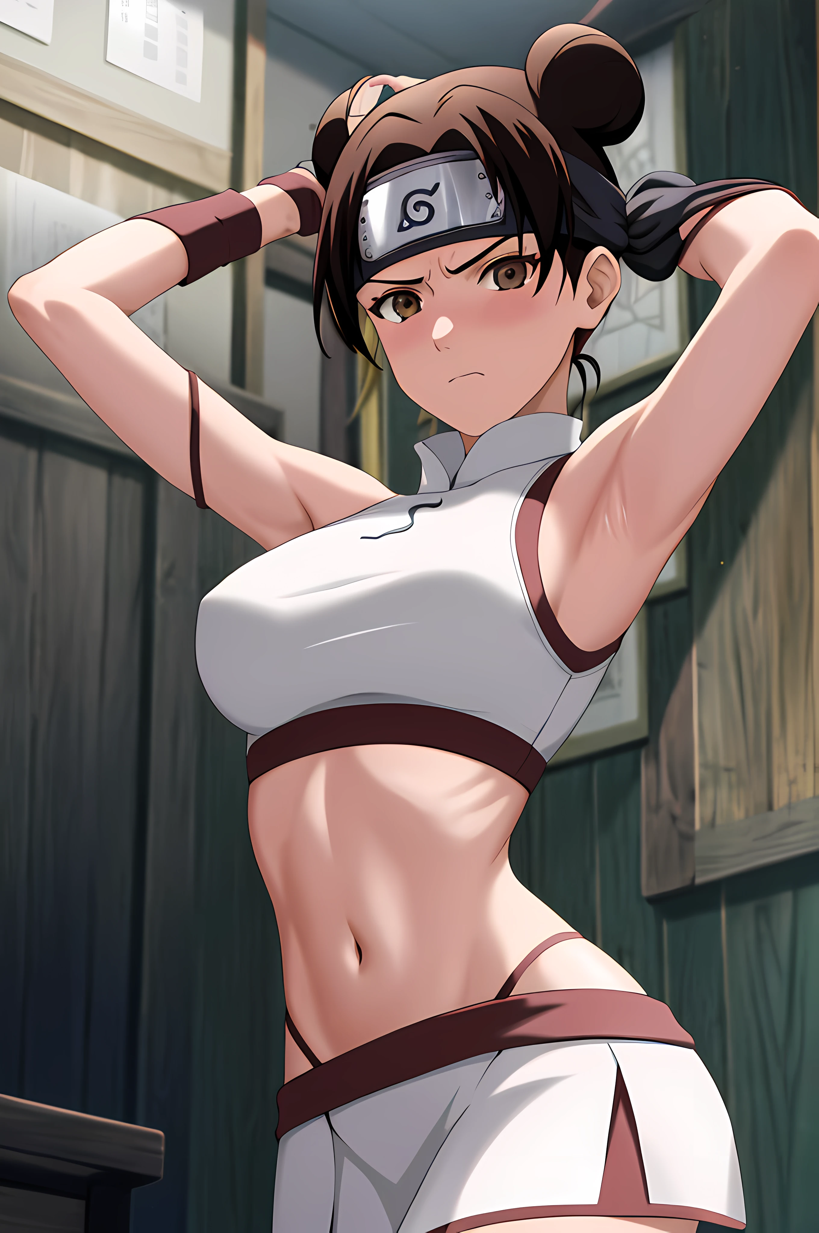 masterpiece, absurdres , (intricate details), (colorful),cinematic lighting,bust shot,extremely detailed CG unity 8k wallpaper,tenten\(shippuden\), 1girl, solo, large breasts, forehead protector, konohagakure symbol, headband, looking at viewer, frown, (white sports bra), (white miniskirt), (field background), blushing, tennis racket, skinny waist, ((busty)), (thighs),