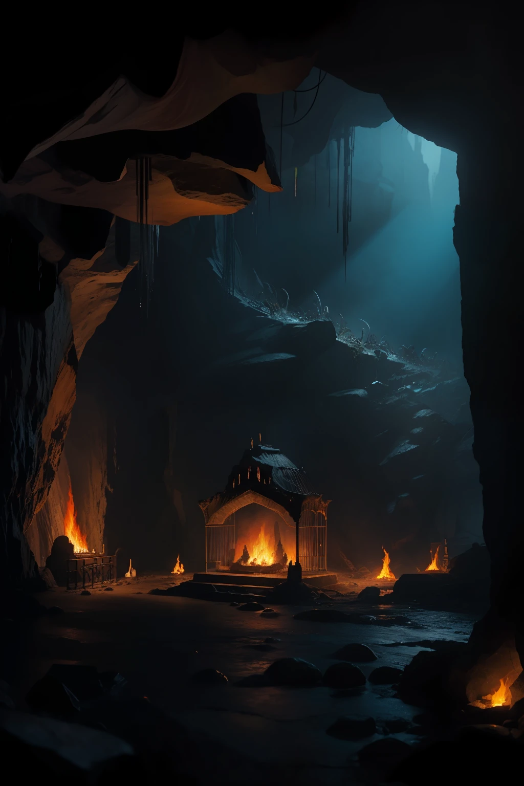 Cave walls,fire glow,Ghastly,soggy,altar,Magical rituals,in a panoramic view,Aboveground animal remains,Iron cage,magma