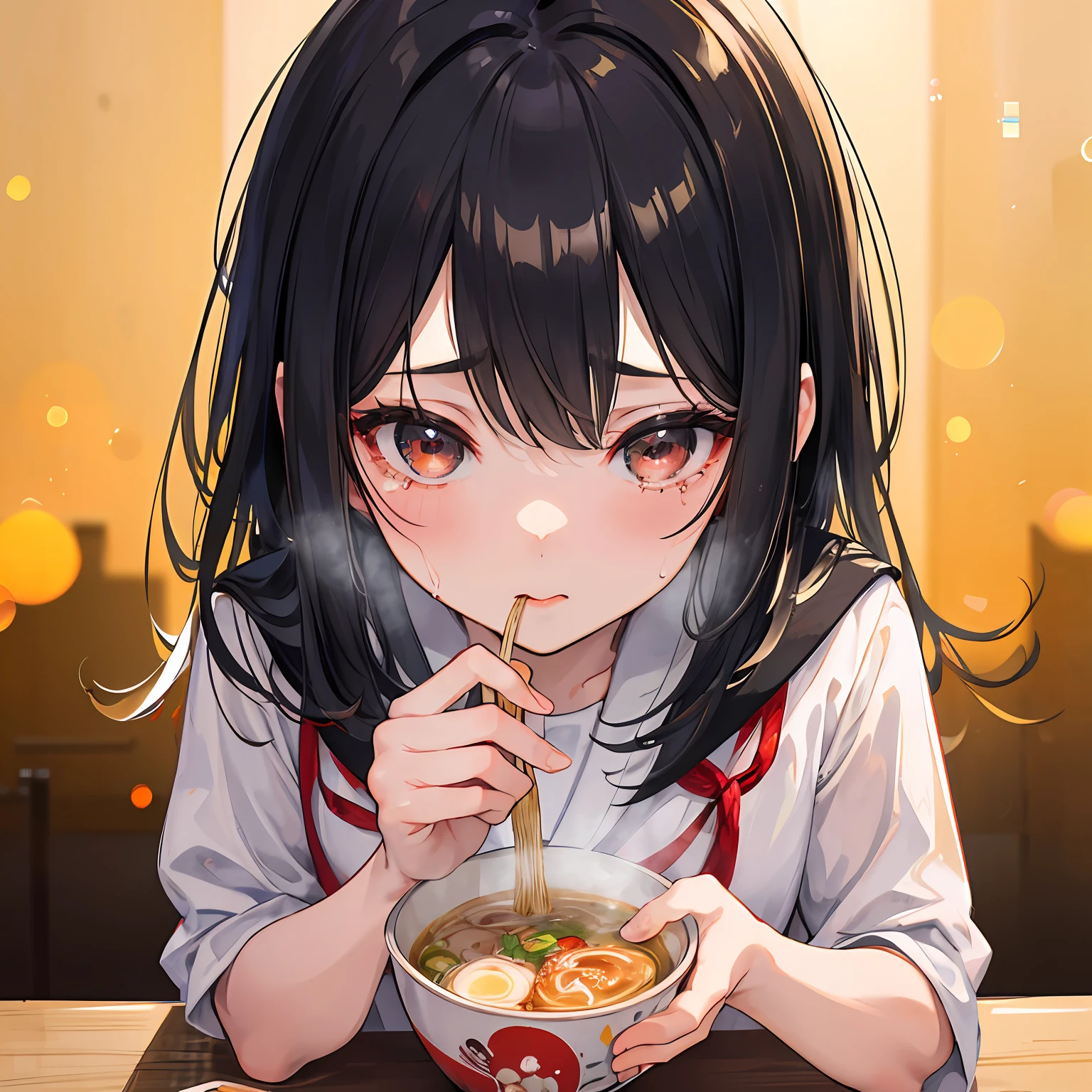 (masterpiece), pov,
girl, face up, eating ramen, black chopsticks, view from above above,
black hair, school uniform, crying, tears, sweats, drooling, look at camera,
yellow hanging noodles,
ramen at bottom, stall at japan, 
(backlight, depth of field, bokeh),