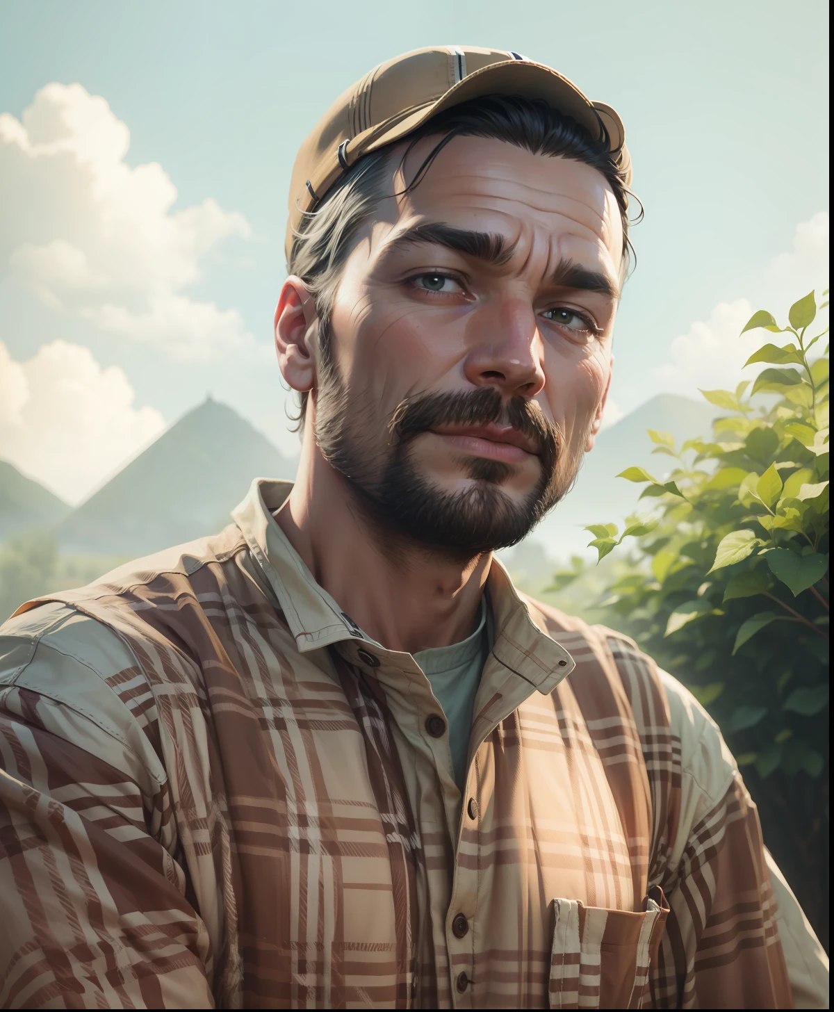 Looking farmer in farm, realistic,change background,8k, High quality,