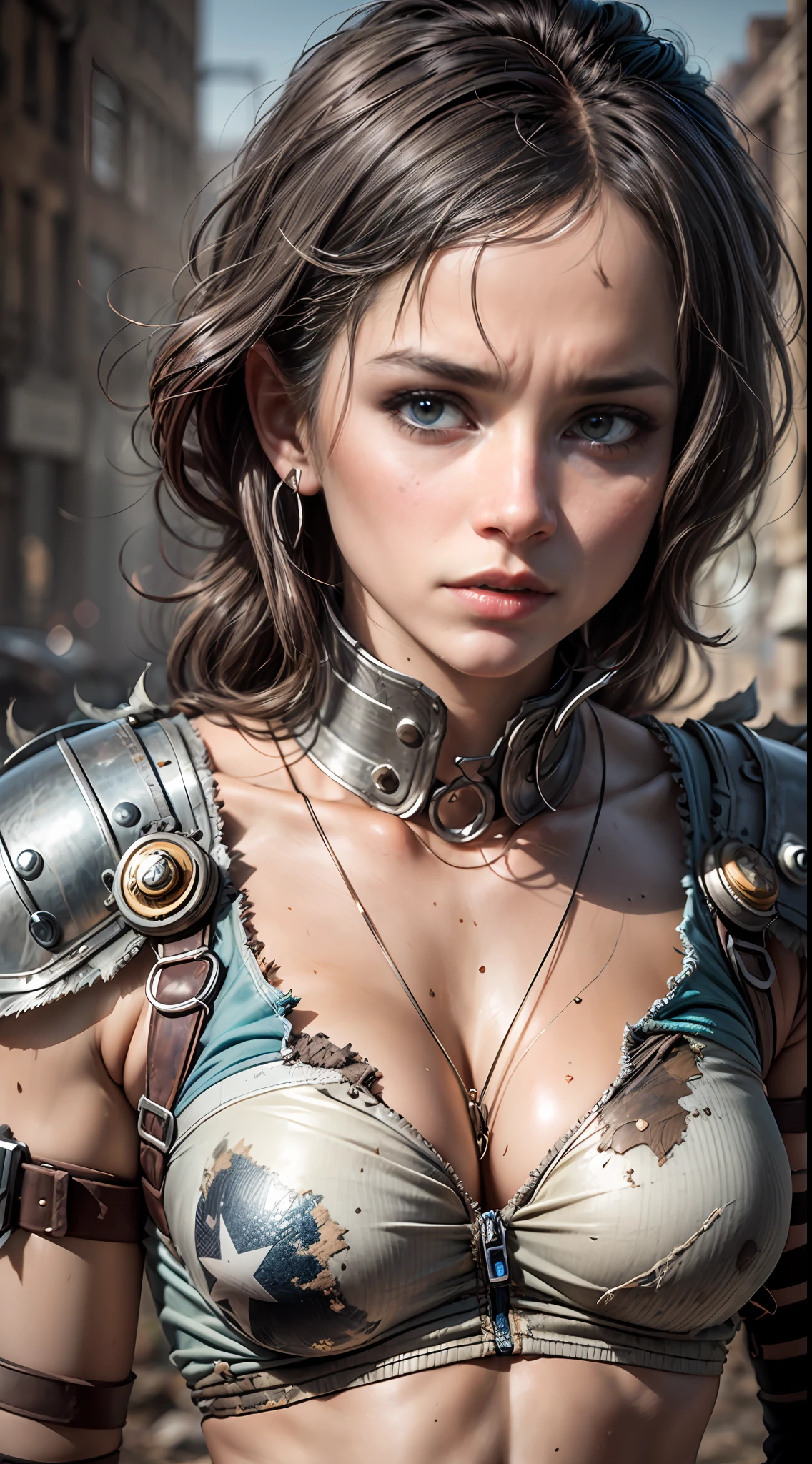 A courageous Wasteland Punk battles hand-in-hand through a wasteland full of pitfalls. The camera zooms in on the woman, capturing her determination. The young woman, with a protective expression on her face, wears makeshift armor and patched clothes. As the zoom progresses, the focus shifts to her hands, highlighting the worn and weathered textures that symbolize her journey and the hardships she has endured. This message is realized in a mixed-media sculptural style, combining elements of metalwork and textile art to represent the characters and their resilience in three-dimensional form.