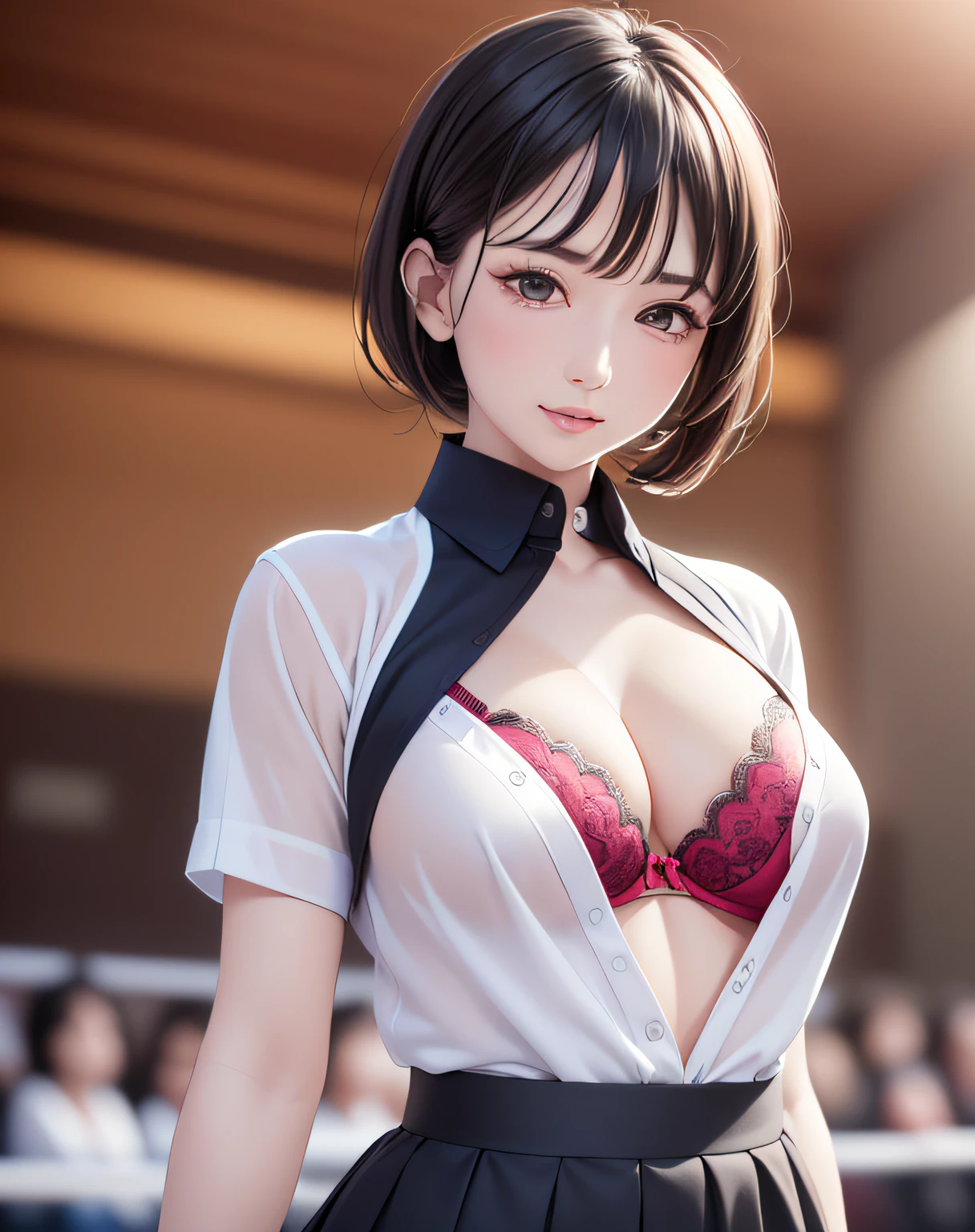 (round girl:1.5), photo realistic, anime style, (8k, RAW photo, best quality, masterpiece:1.2), High detail RAW color photo, professional photograph, cowboy shot, (realistic, photo realistic:1.37),cinematic light, (finery detailed face:1.2), cowboy shot, thigh 1 girl in bath, 28-38 years old, very cute, very beautiful, photo realistic, event companion, BREAK, white oily skin, real human skin, (detailed face), oval face, pores, round eyes:1.0, ultra high res, BREAK, slim, (medium-large-breast:1.37, cleavage:1.37), (looking straight at viewer with a serene and goddess-like happiness:1.2), (lifter gloss, eyelashes, gloss-face, best quality, ultra highres, Broad lighting, natural shading), (beautiful thin short hair, wavy pony-tail hair style:1.5, shiny-black hair:1.5), BREAK, (esthetician uniform:1.3, blue satin shirt;1.3, open shirt:1.3, magenta-lace-bra:1.3, red knee-length satin-pencil-skirt:1.3), BREAK, ((show case:1.5, standing in the ring:1.5, The audience seats are drawn in the background:1.5)), ((from below:1.3, standing in the ring, leaning forward)), blurry background, bokeh, depth of field, cowboy shot:1.3, centered image,