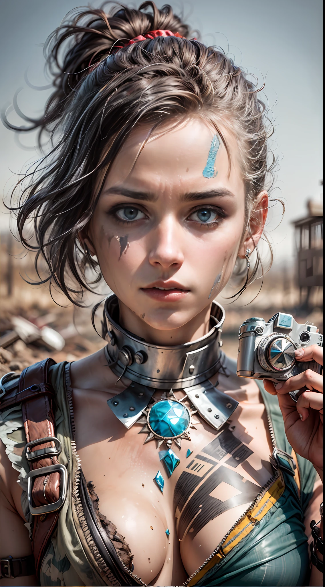 A courageous Wasteland Punk battles hand-in-hand through a wasteland full of pitfalls. The camera zooms in on the woman, capturing her determination. The young woman, with a protective expression on her face, wears makeshift armor and patched clothes. As the zoom progresses, the focus shifts to her hands, highlighting the worn and weathered textures that symbolize her journey and the hardships she has endured. This message is realized in a mixed-media sculptural style, combining elements of metalwork and textile art to represent the characters and their resilience in three-dimensional form.