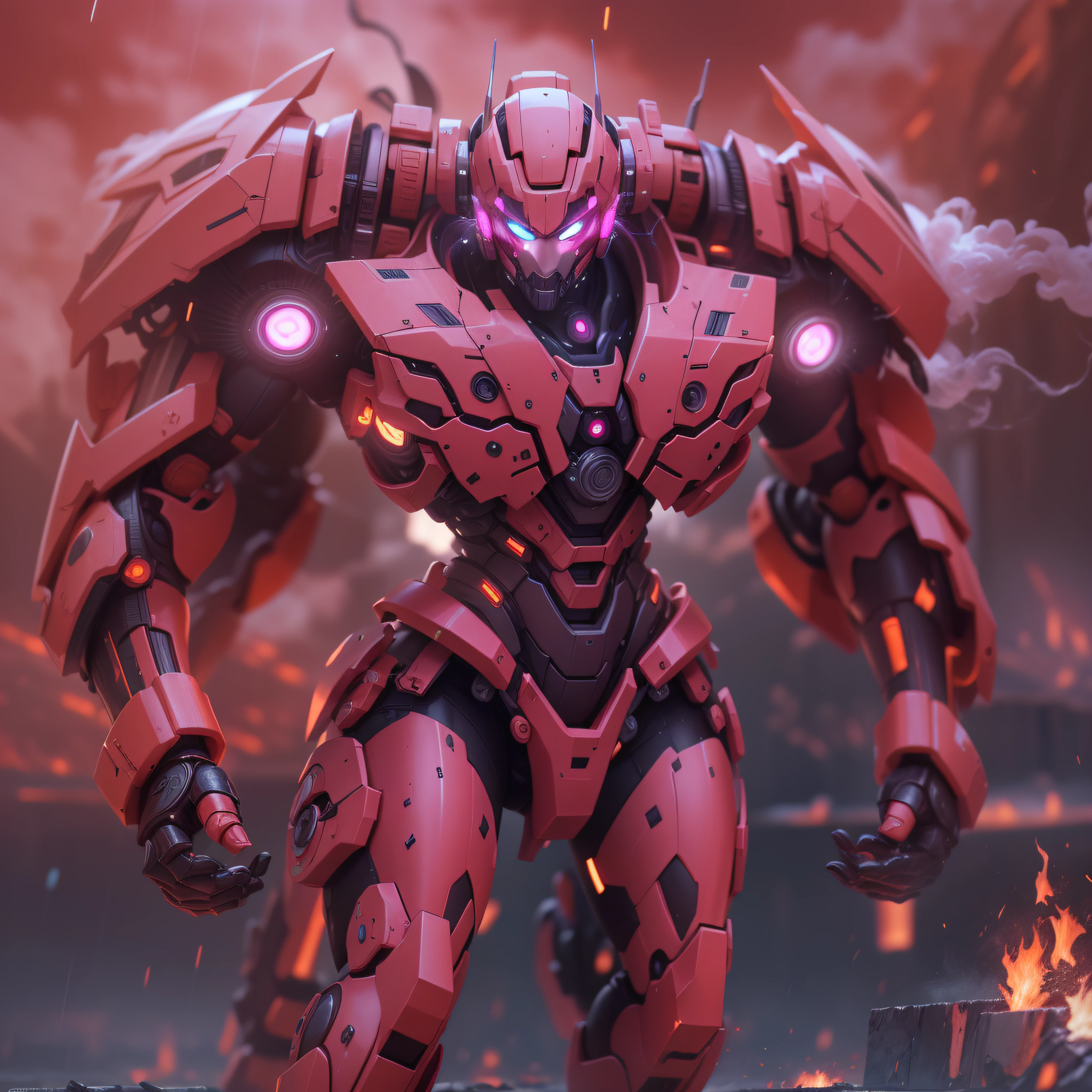 1 giant pink robot, slick design cyberpunk, stunning gradient colors, stylized, ((battle pose, battle stance)) smoke, fire, raining
anime, masterpiece, best quality, (extremely detailed CG unity 8k wallpaper), (best quality), (best illustration), (best shadow), absurd res, realistic lighting, beautiful detailed glow