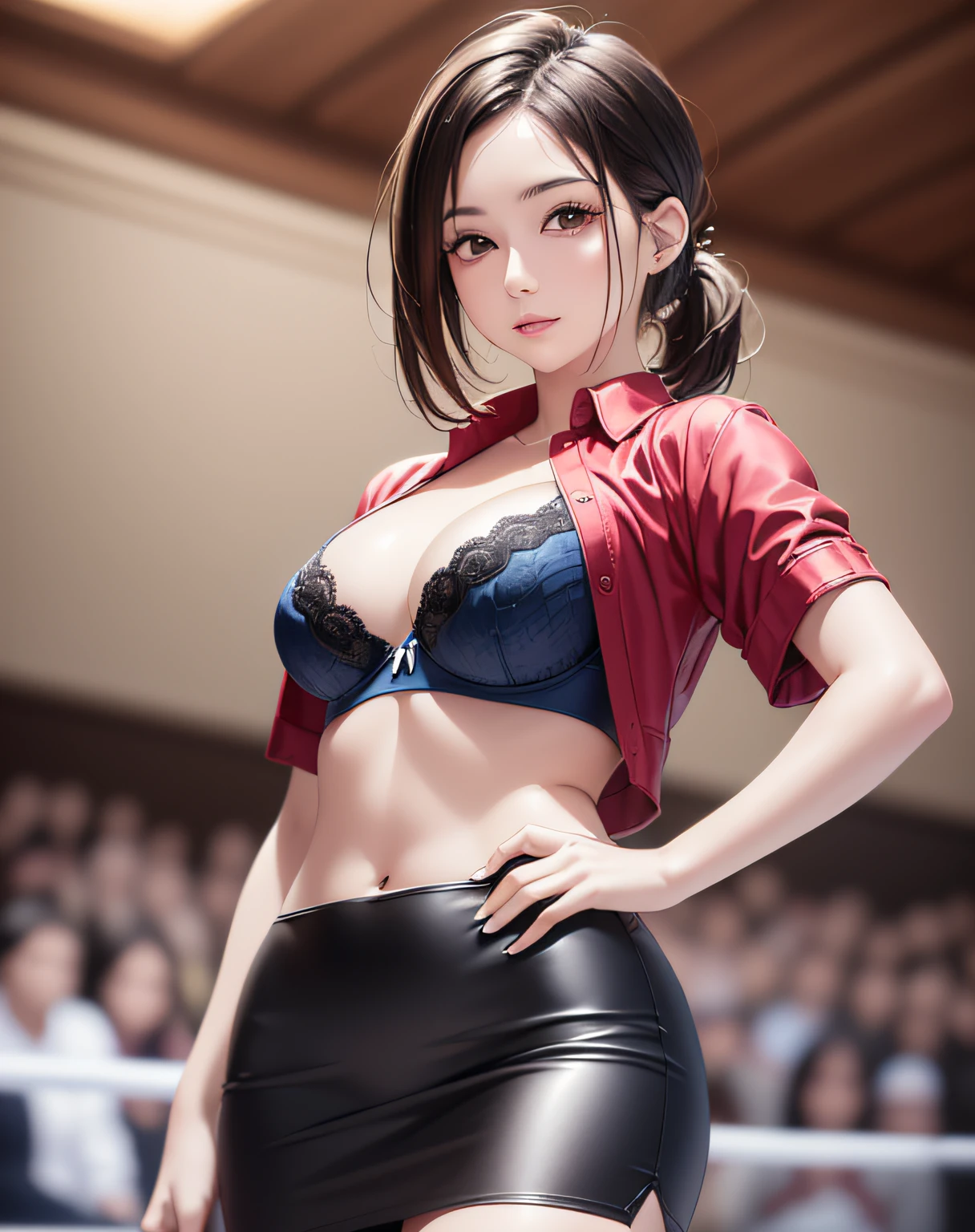 (round girl:1.5), photo realistic, anime style, (8k, RAW photo, best quality, masterpiece:1.2), High detail RAW color photo, professional photograph, cowboy shot, (realistic, photo realistic:1.37),cinematic light, (finery detailed face:1.2), cowboy shot, thigh 1 girl in bath, 28-38 years old, very cute, very beautiful, photo realistic, event companion, BREAK, white oily skin, real human skin, (detailed face), oval face, pores, round eyes:1.0, ultra high res, BREAK, slim, (medium-large-breast:1.37, cleavage:1.37), (looking straight at viewer with a serene and goddess-like happiness:1.2), (lifter gloss, eyelashes, gloss-face, best quality, ultra highres, Broad lighting, natural shading), (beautiful thin short hair, wavy pony-tail hair style:1.5, shiny-black hair:1.5), BREAK, (esthetician uniform:1.3, blue satin shirt;1.3, open shirt:1.3, magenta-lace-bra:1.3, red knee-length satin-pencil-skirt:1.3), BREAK, ((show case:1.5, standing in the ring:1.5, The audience seats are drawn in the background:1.5)), ((from below:1.3, standing in the ring, leaning forward)), blurry background, bokeh, depth of field, cowboy shot:1.3, centered image,