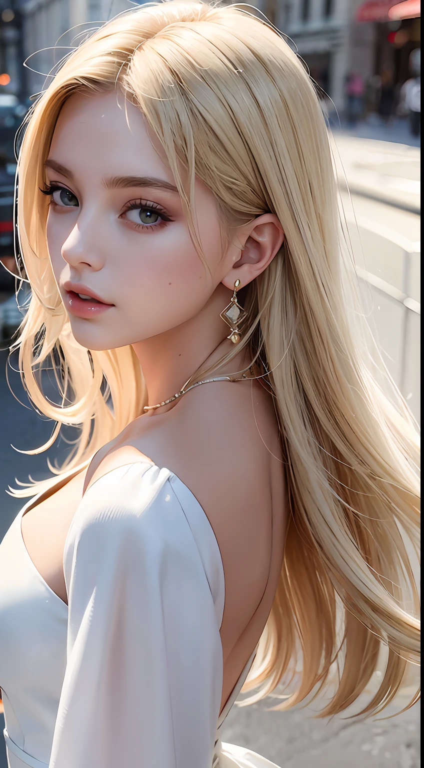 European and American women, A fashion model, wears a white dress, Glamour, paparazzi taking pictures of her, Blonde hair, Brown eyes, 8K, High quality, Masterpiece, Best quality, HD, Extremely detailed, voluminetric lighting, Photorealistic