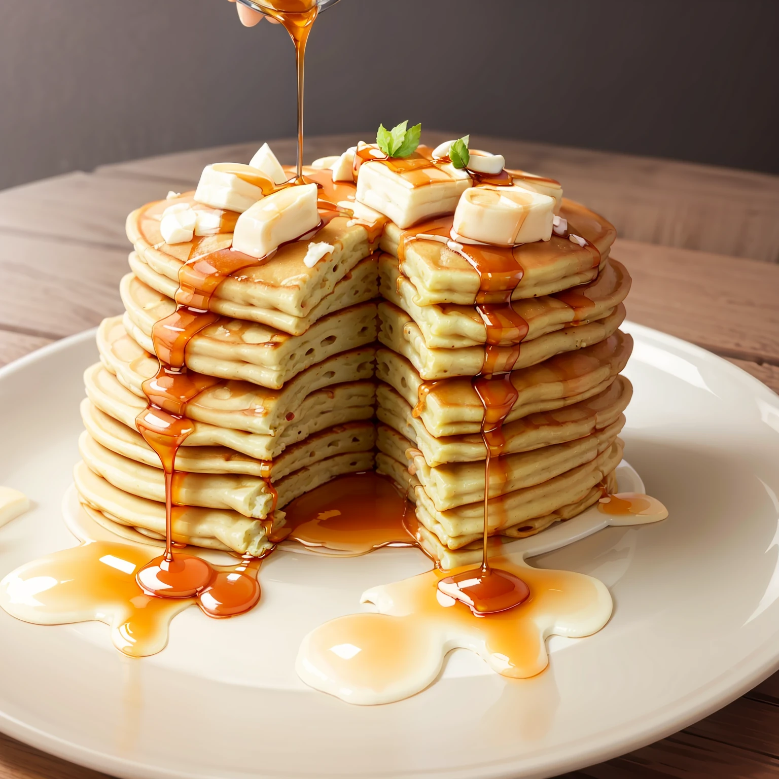 masterpiece, high quality, best quality, pancakes poured with maple syrup, (thin pancakes), foodphoto,