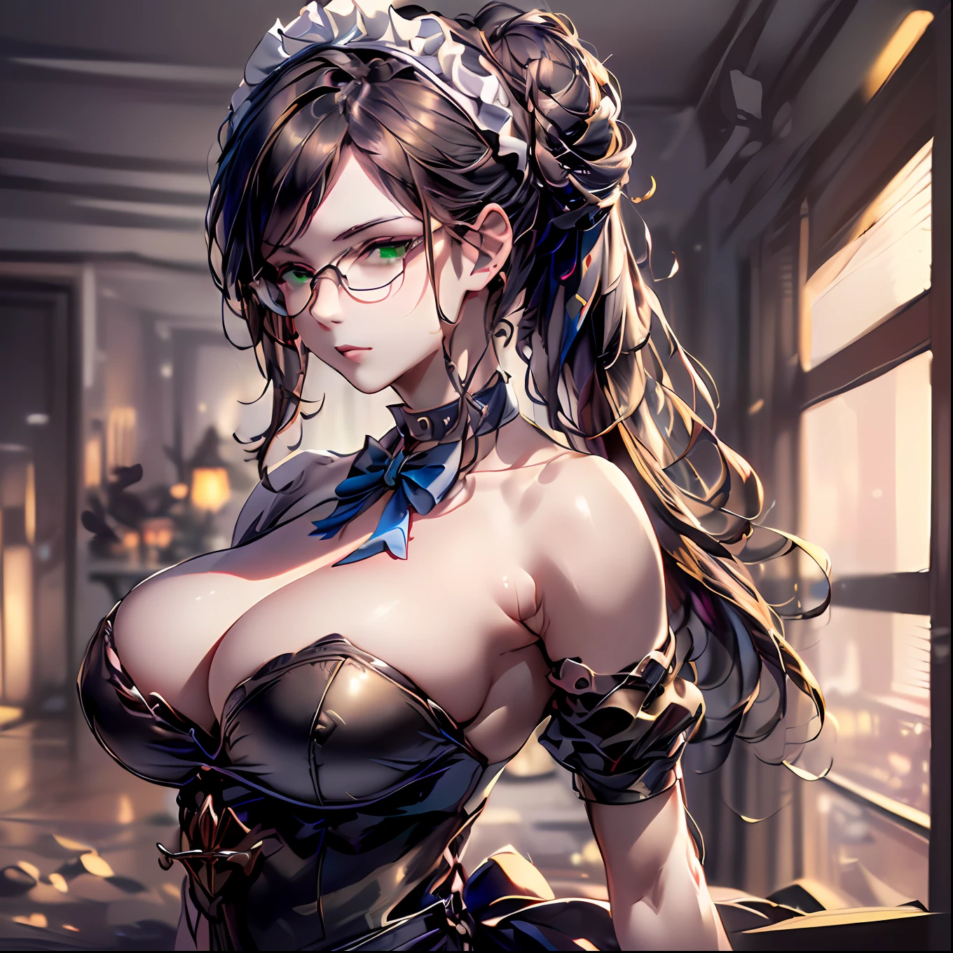 (64k, RAW photo, highres, best quality, masterpiece:2.0), (ultra-fine depiction of the detail:2.0), (realistic, beautiful, photo-realistic:1.3), 1girl, (yuri alpha), (long black hair, slightly messy), (bangs), (single braid bun), (shiny black hair, blue-gray eyes),(cool glasses), (gothic style vivid blue choker), (blue bowtie and ribbon) (simple but high-quality maid dress), (elaborately designed, vivid dark emerald green, spiked gantlets), (solemn maid dress with gothic style coreset), (huge breasts, sexy cleavage), (elegant and handsome woman), (shiny skin, pink lips), (looking at the viewer), (closed mouth, a faint smile), (in a study room, filled with solemn atmosphere), (highly sophisticated professional HDR, with effective ambient occlusion, perfectly optimized effective spot light and front light:1.8), (perfect, natural, harmonious composition), (photo-realistic, ultra-detailed:1.5), ((portrait:1.6))