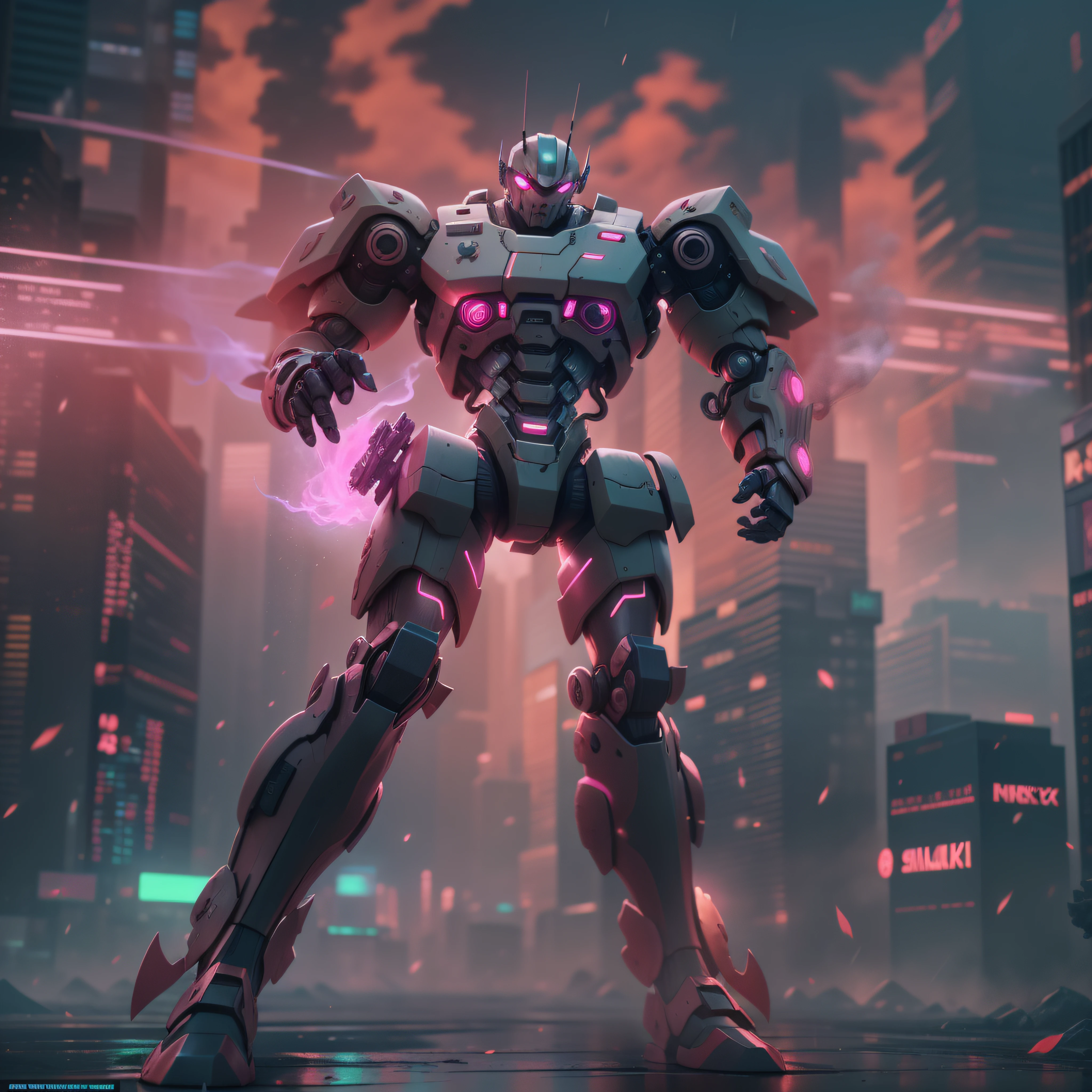 1 giant pink robot, slick design cyberpunk, stunning gradient colors, stylized, ((battle pose, battle stance)) smoke, fire, raining
anime, masterpiece, best quality, (extremely detailed CG unity 8k wallpaper), (best quality), (best illustration), (best shadow), absurd res, realistic lighting, beautiful detailed glow