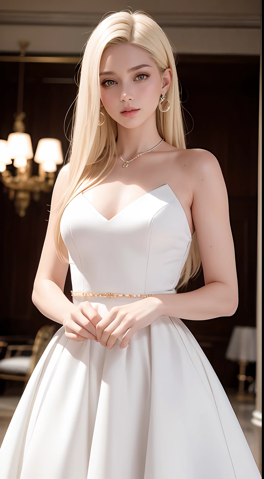 European and American women, A fashion model, wears a white dress, Glamour, paparazzi taking pictures of her, Blonde hair, Brown eyes, 8K, High quality, Masterpiece, Best quality, HD, Extremely detailed, voluminetric lighting, Photorealistic