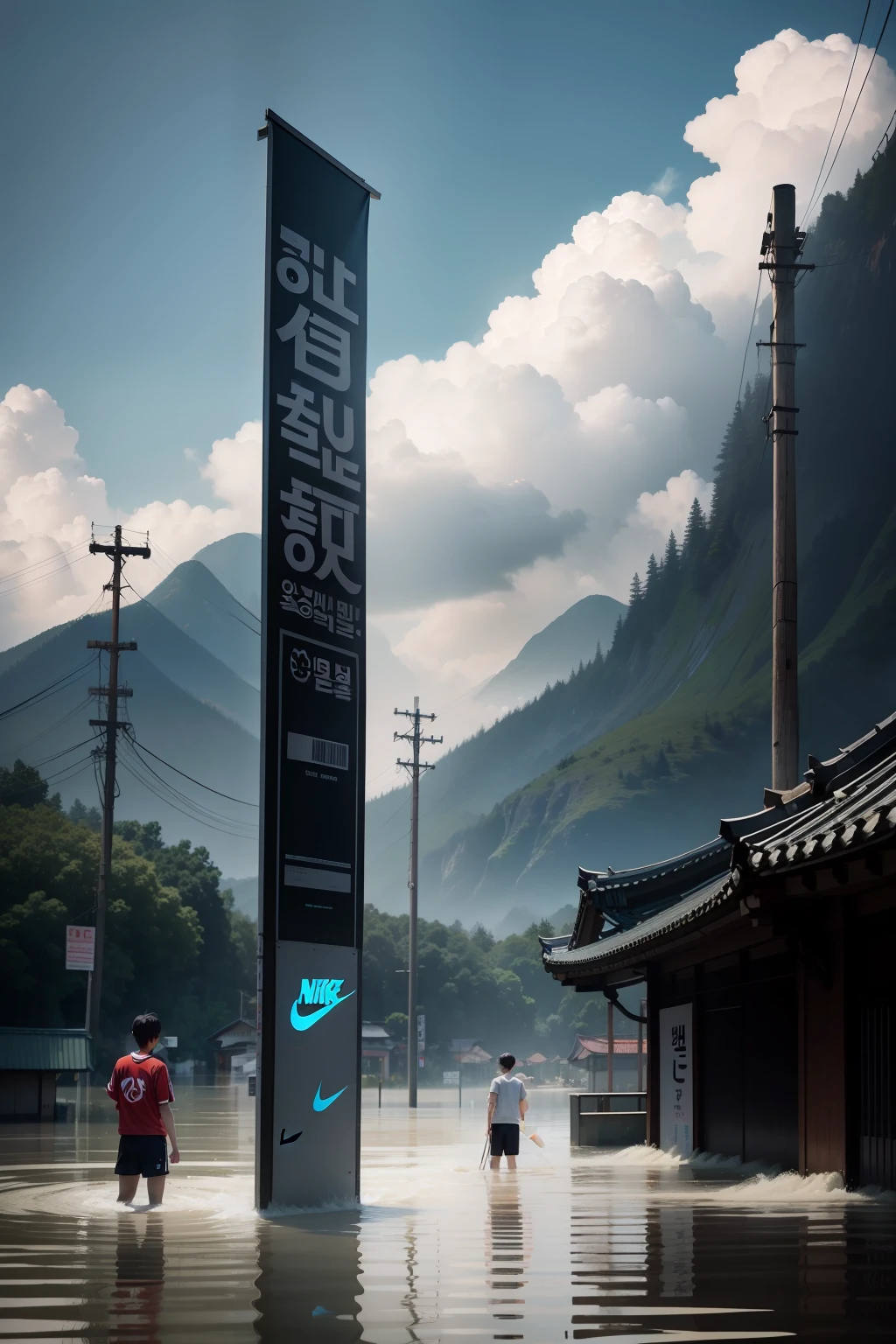 Nike logo poster showing Korean people suffering from flood damage