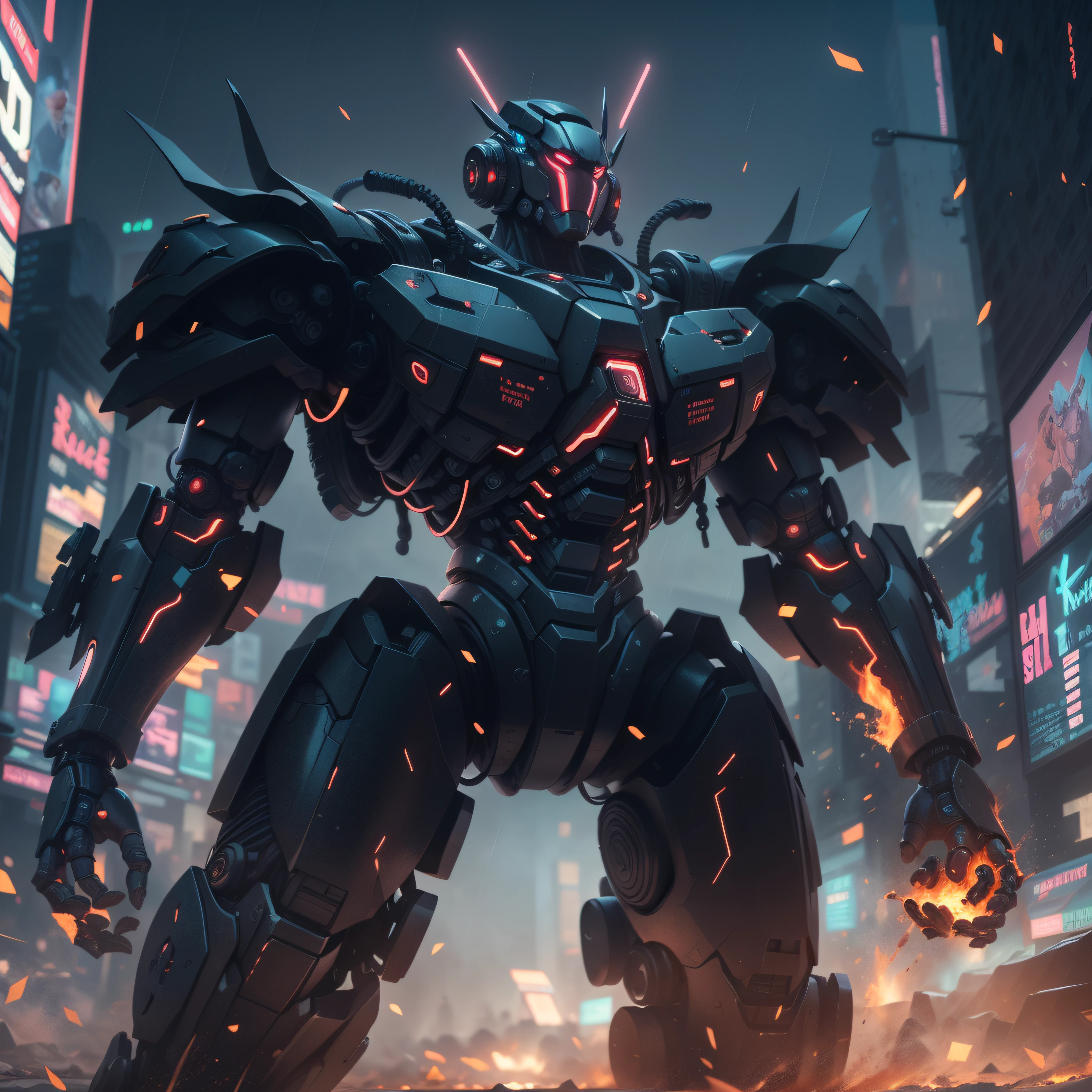 1 giant black robot, slick design cyberpunk, stunning gradient colors, stylized, ((battle pose, battle stance)) smoke, fire, raining
anime, masterpiece, best quality, (extremely detailed CG unity 8k wallpaper), (best quality), (best illustration), (best shadow), absurd res, realistic lighting, beautiful detailed glow