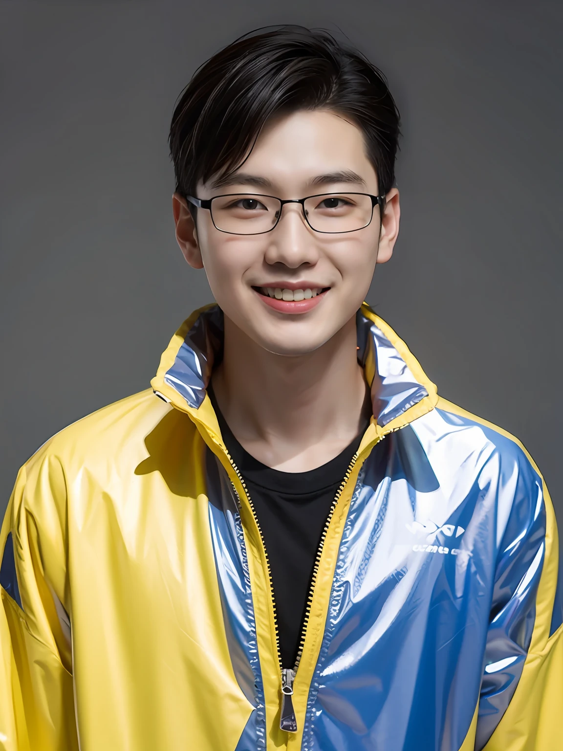 A Chinese male high school student,Wear PVC color casual sportswear,There are pull zippers