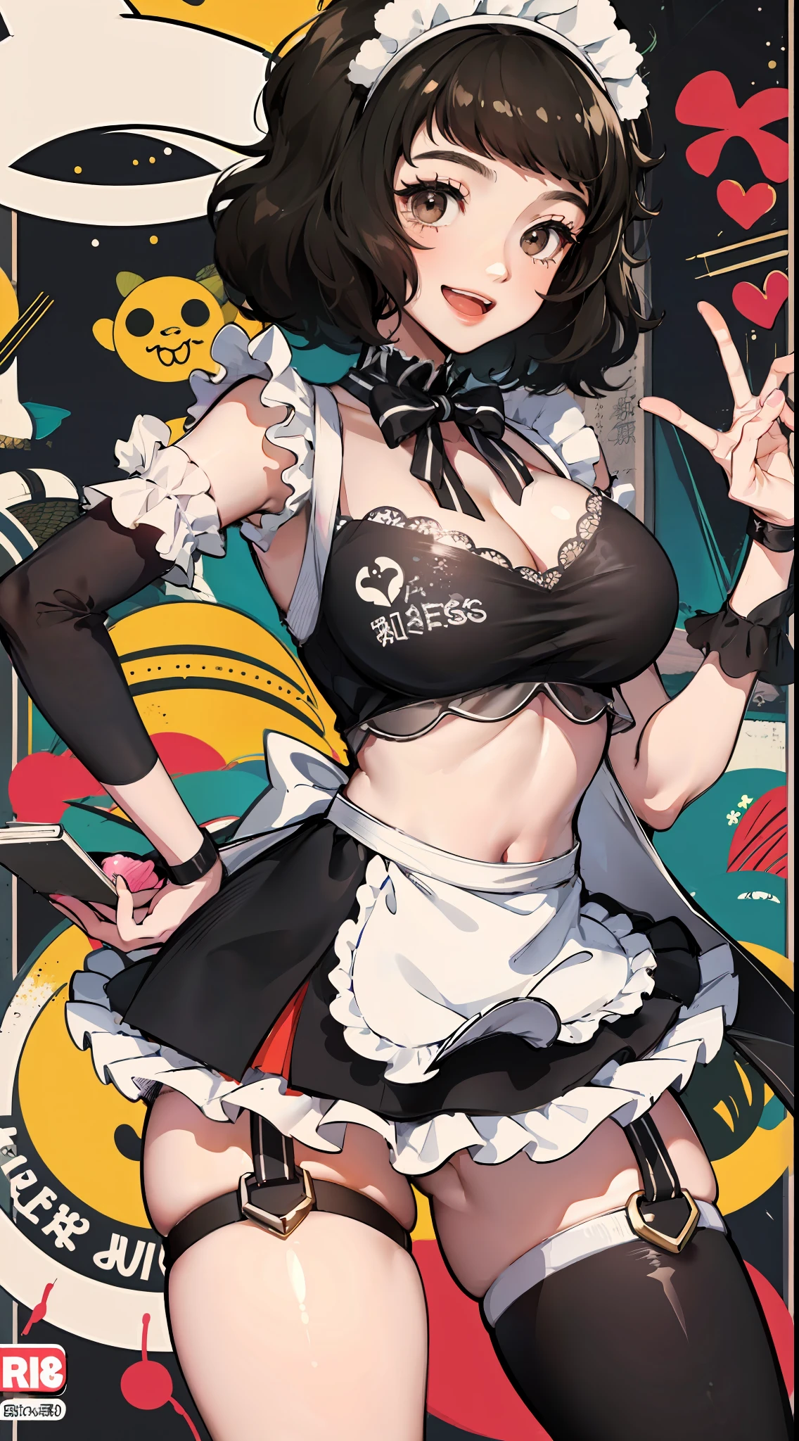 kawakami sadayo,the maid outfit,ssee-through,cheerfulness,Fleshy thighs,Pose,Cute cute manga style,Poster publicity style,Ocean park,busty figure,C cup