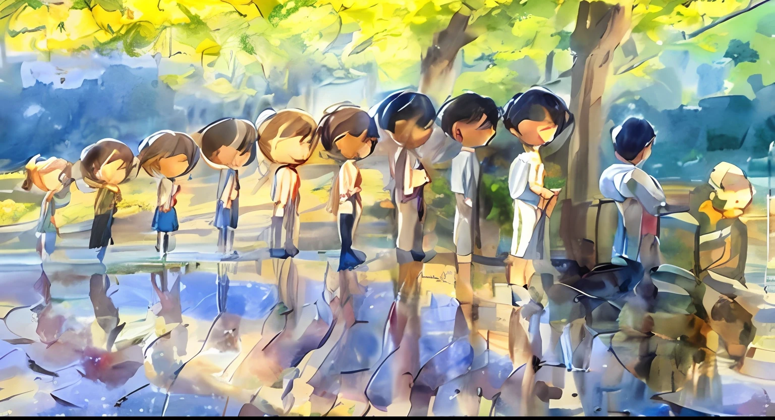 There are a lot of people queuing up on the beach, author：Yi Renwen, concept art of single boy, CW, in line, in the style of makoto shinkai, Guviz-style artwork, faceless people, There are long queues of suspects, official fanart, author：Nobusada Yanagawa, blurry and dreamy illustration