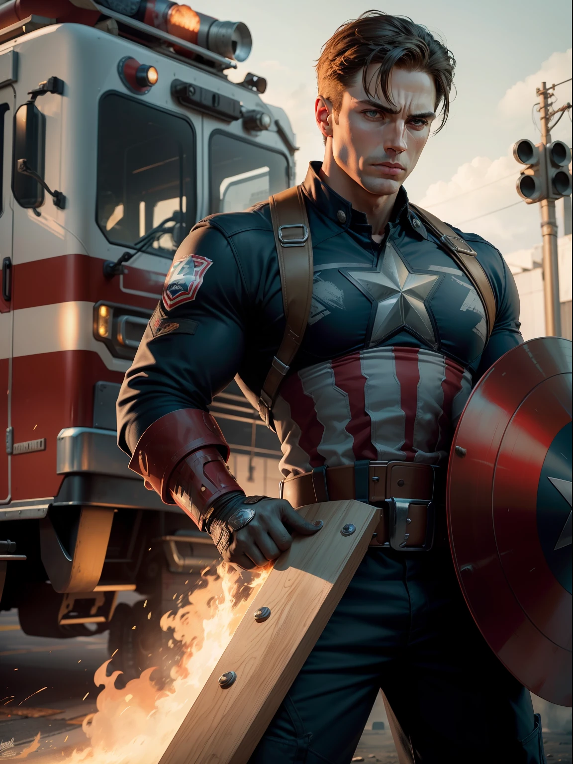 A Dramatic captain America as firefighter wearing firefighter uniform and tools such as helmet or axe and jacket, cinematic, extreem realistic, extreem detailed, extreem Sharp, full body shot