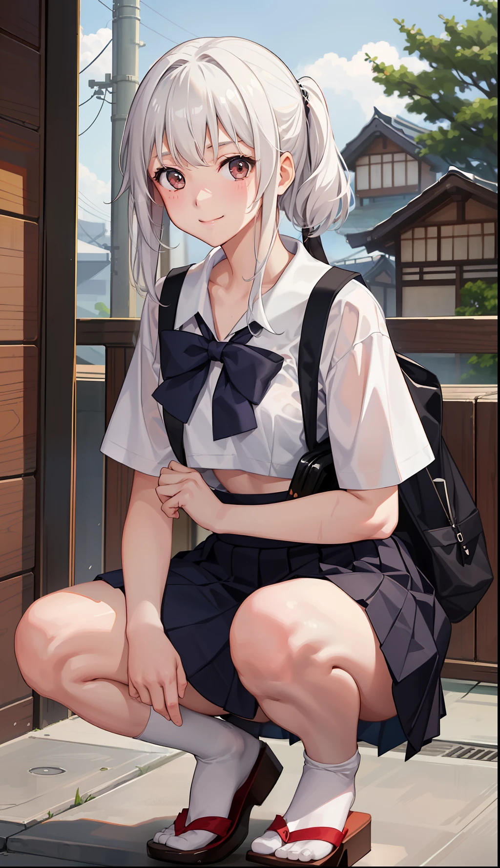 1girl in、A smile、The shirt、skirt by the、（small tits）Chilarism、Japan High School Student Uniform、serafuku、summer clothing、Squall Drenched Uniform、（Sheer Bra）、Upper body portrait、White hair、Squatting panchira、